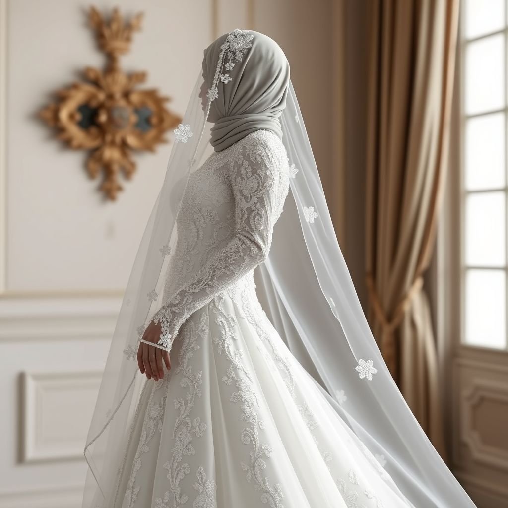 I want an elegant and modest bridal dresses they should also be unique and also put hijab and veils
Design an elegant and modest bridal gown in the style of Elie Saab, blending intricate lacework and flowing silhouettes for a romantic allure. The dress features unique, handcrafted embellishments, complemented by a luxurious hijab and a delicate veil adorned with floral appliqués. Emphasize graceful lines and opulent fabrics for timeless sophistication.