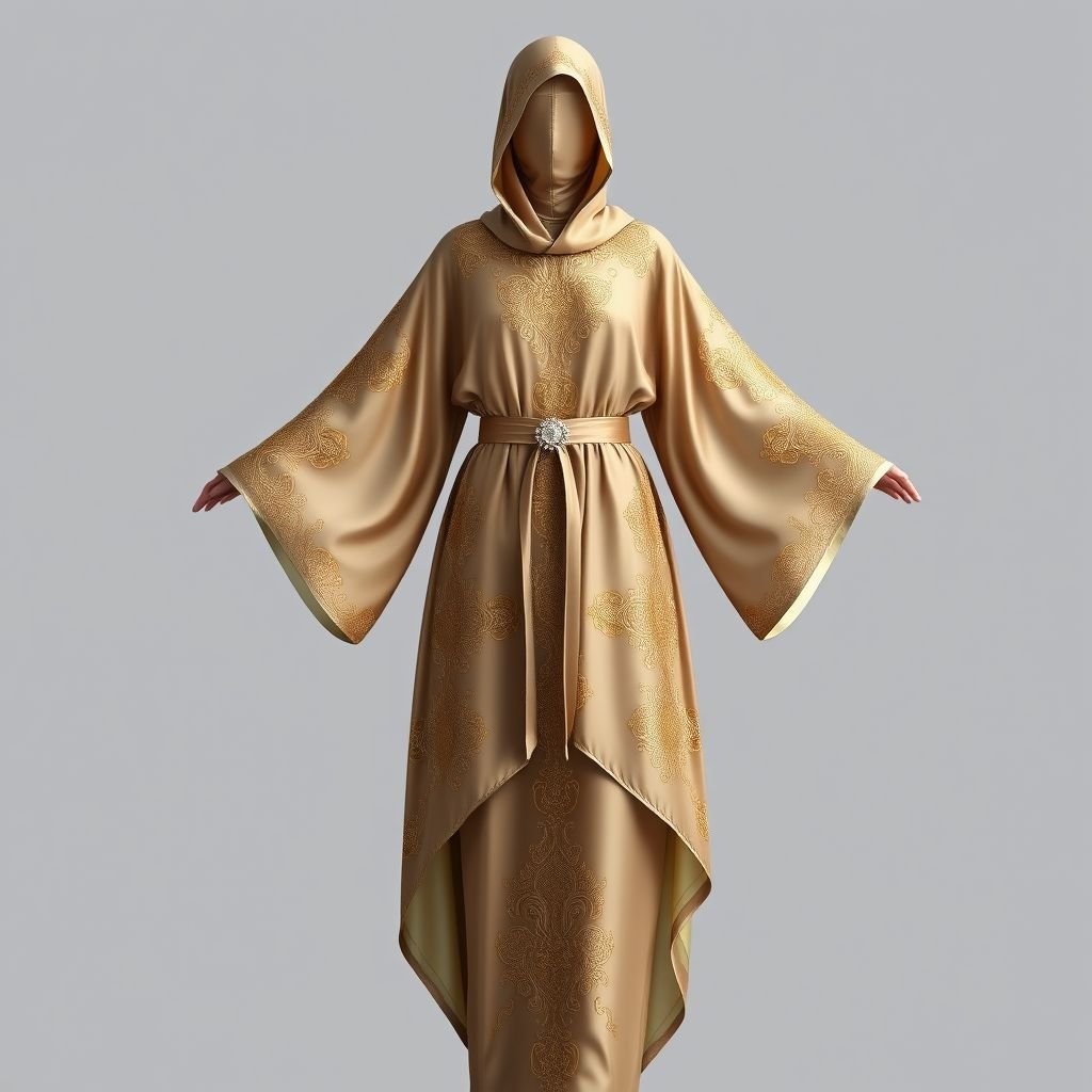 Modesty, stylish abaya
Envision a modern abaya crafted from lightweight silk, featuring intricate gold embroidery that weaves traditional motifs with contemporary flair. Flared sleeves cascade gracefully, while a high-low hemline adds drama. An oversized hood provides an air of mystique, complemented by a cinched waist belt adorned with delicate gemstones, balancing modesty with elegance.