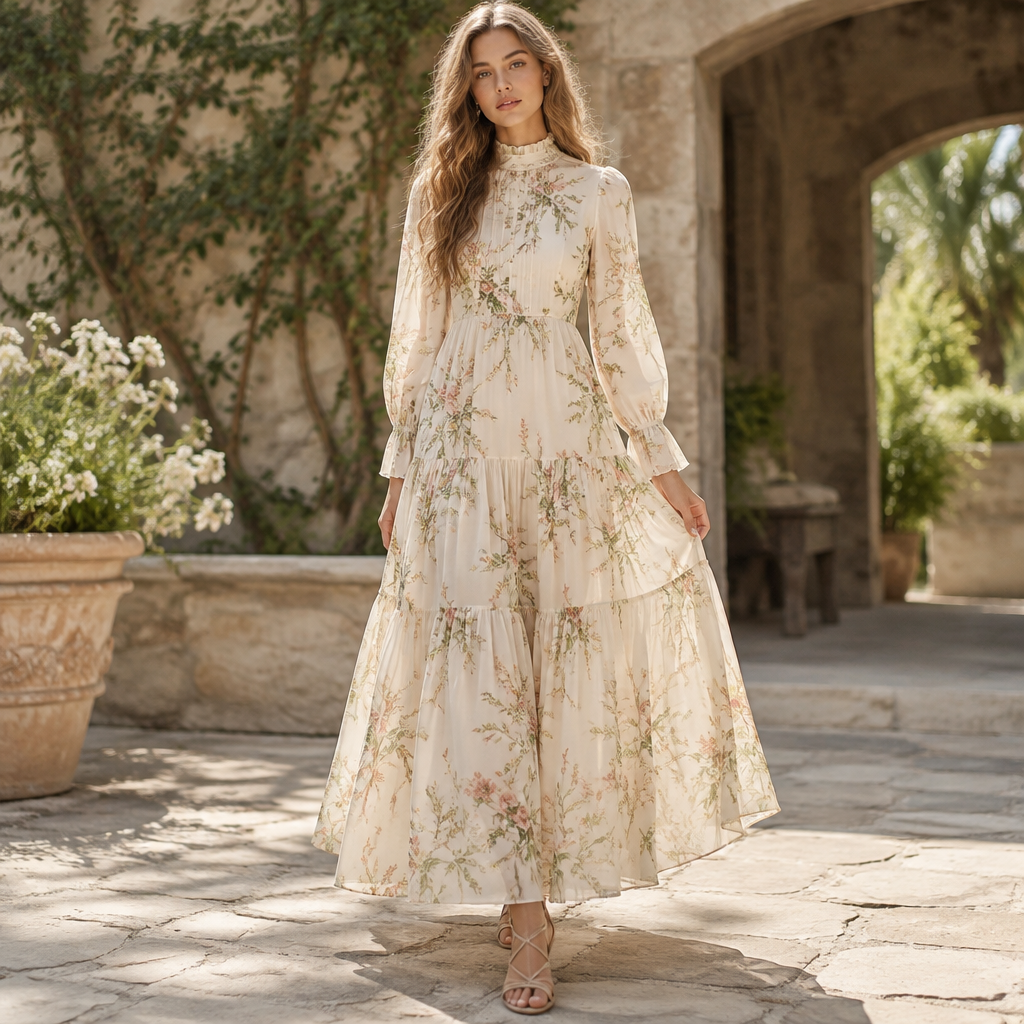 A Female Dress design, with a light, flowing drape, with a Flared silhouette, with modest, full coverage: longer hemlines, higher necklines and covered shoulders, for Casual, suitable for Summer, suited to a Tropical climate, in Cottagecore + Designer + Quiet Luxury style Present it as professional fashion catalogue photography: the garment is the subject, shown full-length with editorial styling, neutral posing and tasteful, non-suggestive framing.
photorealistic fashion design, A Female Dress design, with a light, flowing drape, with a Flared silhouette, with modest, full coverage: longer hemlines, higher necklines and covered shoulders, for Casual, suitable for Summer, suited to a Tropical climate, in Cottagecore + Designer + Quiet Luxury style Present it as professional fashion catalogue photography: the garment is the subject, shown full-length with editorial styling, neutral posing and tasteful, non-suggestive framing., cottagecore style, just the design no text