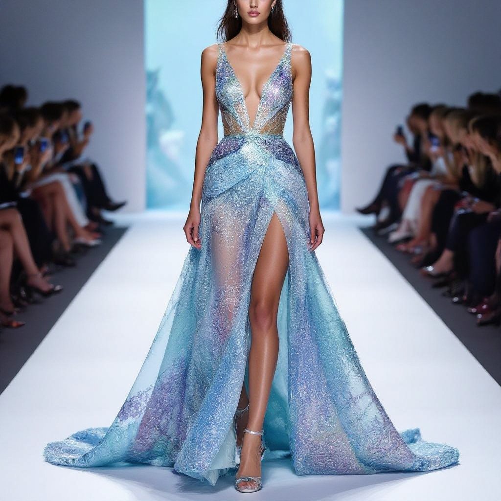 "A daring haute couture evening gown inspired by multicolored turquoise sea shells, designed to be ultra-sexy and revealing. The bodice features a plunging neckline that accentuates cleavage, sculpted with iridescent crystal-encrusted shell patterns in shades of turquoise, aquamarine, emerald, and hints of coral pink. Sheer illusion fabric creates a barely-there effect, with gemstone detailing strategically placed for elegance and allure. The gown flows into a high-slit skirt with translucent chiffon and organza panels that shimmer like ocean waves, revealing long, sculpted legs beneath. A dramatic see-through train, embroidered with pearl and crystal motifs, completes the look—sensual, glamorous, and mesmerizing, like a seductive goddess of the sea.
A daring, ultra-sexy haute couture evening gown of silk chiffon and organza. The plunging V-neck bodice features iridescent crystal-encrusted shell patterns in turquoise, aquamarine, emerald, and coral pink. Sheer illusion tulle with gemstone detailing creates a barely-there effect. The high-slit skirt flows into a dramatic, embroidered train.