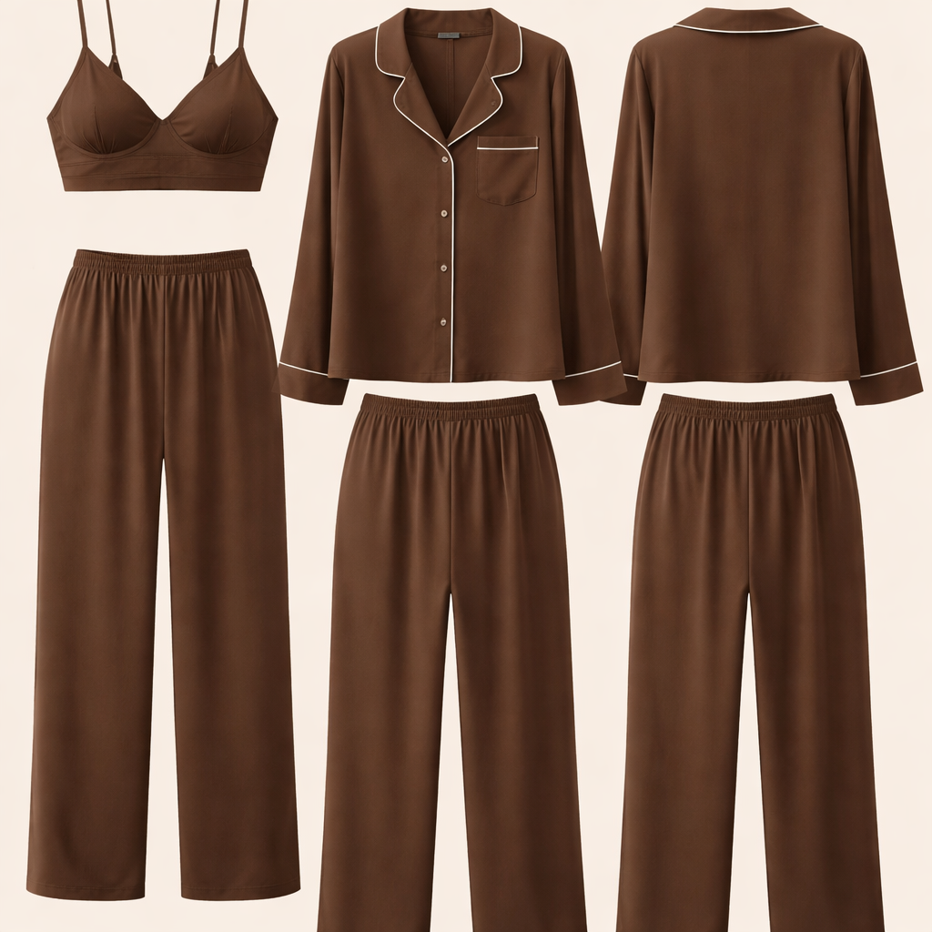 Design a pyjama in colour #6C4E3E. With a brallete, blouse and a pants without bow or strings on the pants and in a modal/polymer/cotton fabric
Design a pyjama in colour #6C4E3E. With a brallete, blouse and a pants without bow or strings on the pants and in a modal/polymer/cotton fabric , sleepwear style, show front and back