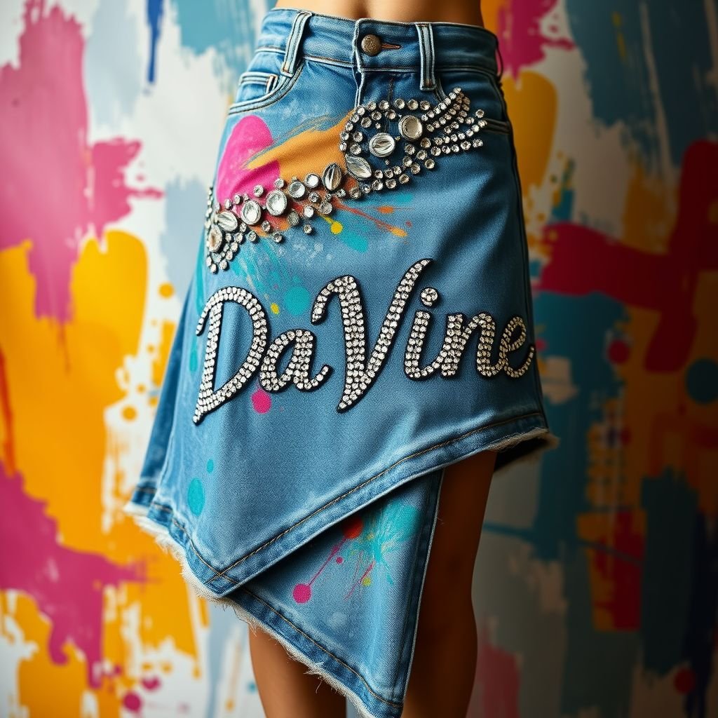 Rhinestones on an asymmetrical long Jean skirt design with Da’Vine on it
Design an artsy asymmetrical long jean skirt adorned with shimmering rhinestones that refract light and color. The fabric features abstract brushstroke patterns in vibrant hues, creating a canvas-like effect. "Da'Vine" is emblazoned in an eclectic, handwritten font, blending seamlessly into the design, making a bold, artistic statement. Embrace individuality and creativity!