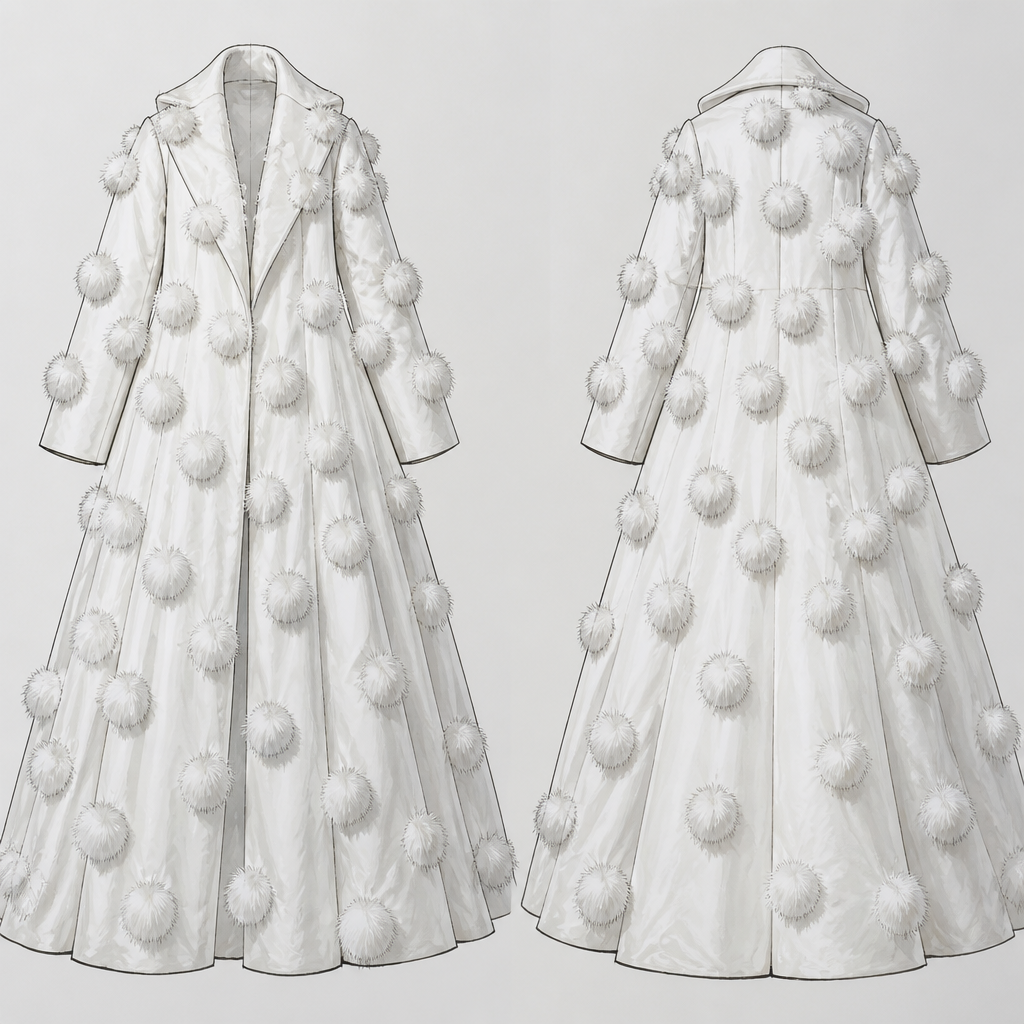 With drawing no model , white taffeta with white mink balls all the the coat
photorealistic fashion design, With drawing no model , white taffeta with white mink balls all the the coat, haute_couture style, just the design no text, show front and back