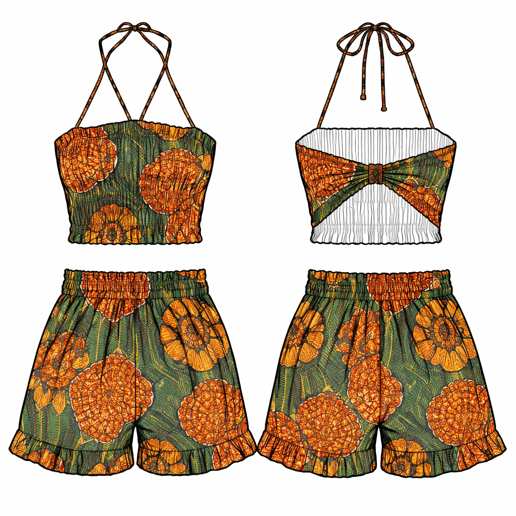 Fashion flat sketch of a women’s summer collection: Shirred thigh short, shirred straped round the neck backless top, Ankara materials, front and back view.jpg
Fashion flat sketch of a women’s summer collection: Shirred thigh short, shirred straped round the neck backless top, Ankara materials, front and back view.jpg, minimalist style, show front and back
