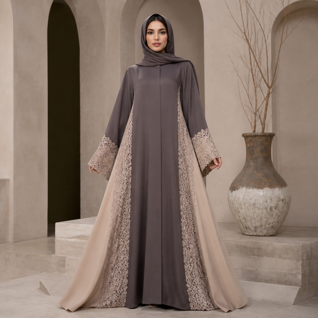 A Female Abaya design, with a crisp, structured drape, with modest, full coverage: longer hemlines, higher necklines and covered shoulders, suitable for Winter. عايزه الجلابيه تكون بلونين لون موحد من قدام وفي الظهر ولون مختلف في الجناب الجنب اليمين والجنب الشمال عايزاها تكون مطعمه بالجوبير وتكون تشبه الجلاليب الخليجي ويكون موديل مميز. Egypt fashion aesthetics. Present it as professional fashion catalogue photography: the garment is the subject, shown full-length with editorial styling, neutral posing and tasteful, non-suggestive framing.
photorealistic fashion design, A Female Abaya design, with a crisp, structured drape, with modest, full coverage: longer hemlines, higher necklines and covered shoulders, suitable for Winter. عايزه الجلابيه تكون بلونين لون موحد من قدام وفي الظهر ولون مختلف في الجناب الجنب اليمين والجنب الشمال عايزاها تكون مطعمه بالجوبير وتكون تشبه الجلاليب الخليجي ويكون موديل مميز. Egypt fashion aesthetics. Present it as professional fashion catalogue photography: the garment is the subject, shown full-length with editorial styling, neutral posing and tasteful, non-suggestive framing., just the design no text