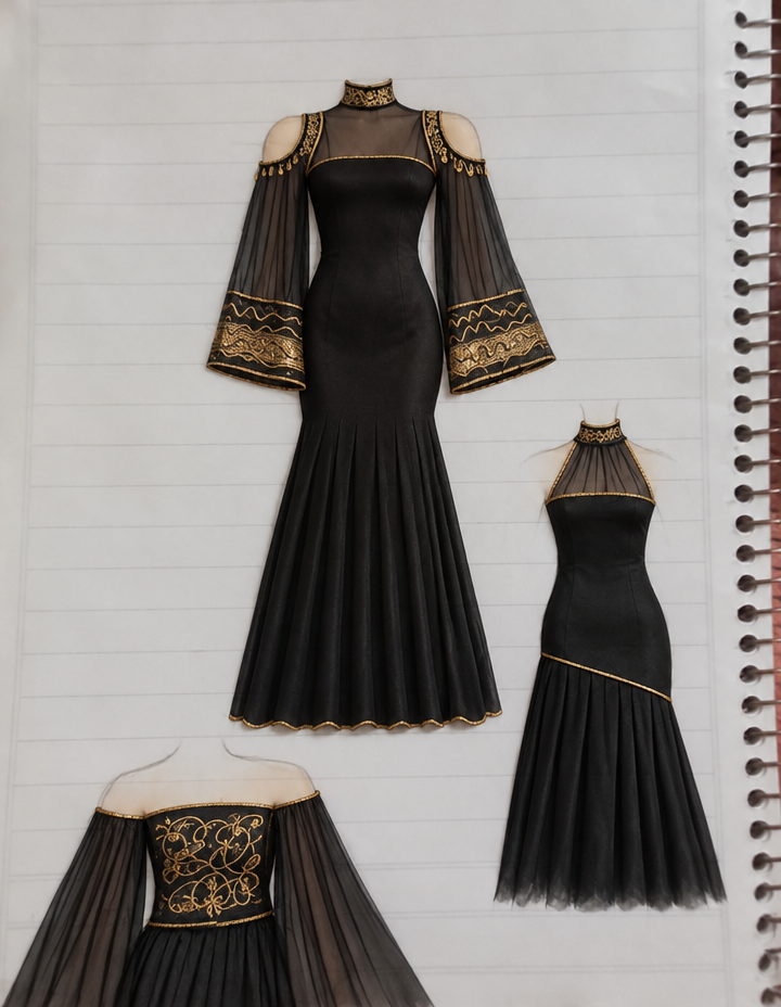 Outfit try-on: رنگ مشکی و طلایی.
Dress the person in the image in: رنگ مشکی و طلایی.. Keep the person's face, hair, skin tone, body shape, pose and the background exactly the same. Fit the garment naturally to their body with realistic drape, lighting and shadows. Photorealistic.
