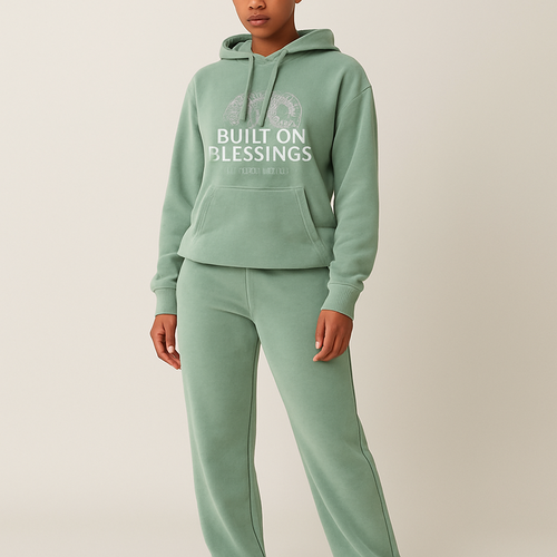 - brand name is still pending, but the vision is street wear / luxury. trying to keep it classy but cool. since it’s winter, i want to create some tracksuits, preferably pastel colours of all sorts. i like the strait pants with a tighter hoodie. i want the logo to be embroided saying “Built On Blessings” and the the words overlapping an outline of the world map or globe in pink embroiderey
- modern sans-serif with a better fit for every body type, detailed world map would be more intricate & eye catching for certain! lets try the pastel sage first, mauve next & the rest of options you prices fillings. tracksuit mockup would be preferred, perhaps an asymmetrical pant and top velour material for women