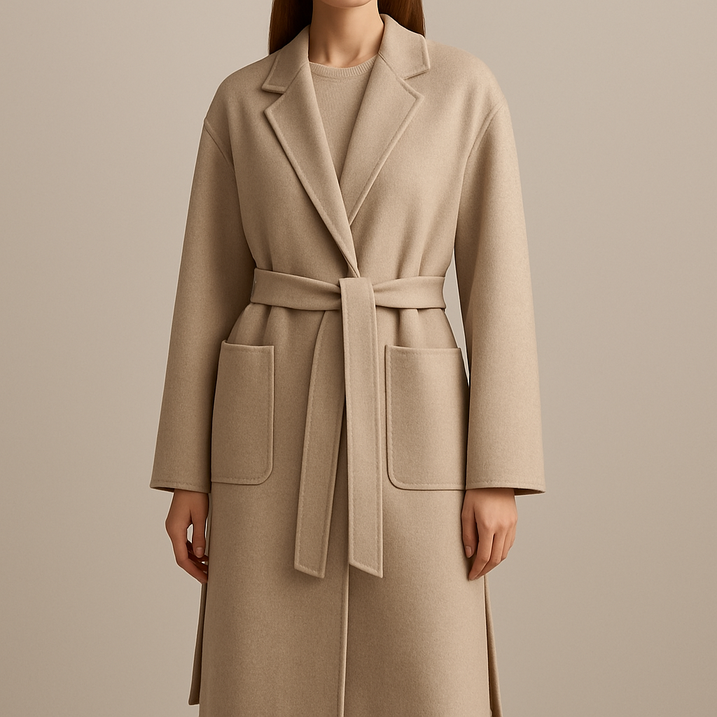 “A lightweight cashmere coat, falling slightly below the knees, in a soft neutral color. It features two large front pockets and two side slits above the knees for ease of movement. The coat has a belt at the waist, oversized shoulders for a relaxed fit, and long sleeves with simple cuffs. The closure is a clean, minimal design, perfect for layering over casual or formal outfits.”
“A lightweight cashmere coat, falling slightly below the knees, in a soft neutral color. It features two large front pockets and two side slits above the knees for ease of movement. The coat has a belt at the waist, oversized shoulders for a relaxed fit, and long sleeves with simple cuffs. The closure is a clean, minimal design, perfect for layering over casual or formal outfits.”