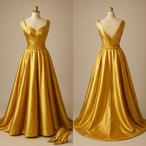 This dress is the most elegant dress in the world and the most expensive the most beautiful golden dress ever it’s full of glamour and covered in the most expensive golden silk in the world and has a gold coin belt on a mannequin where it matches with golden glass shoes, almost like Cinderella