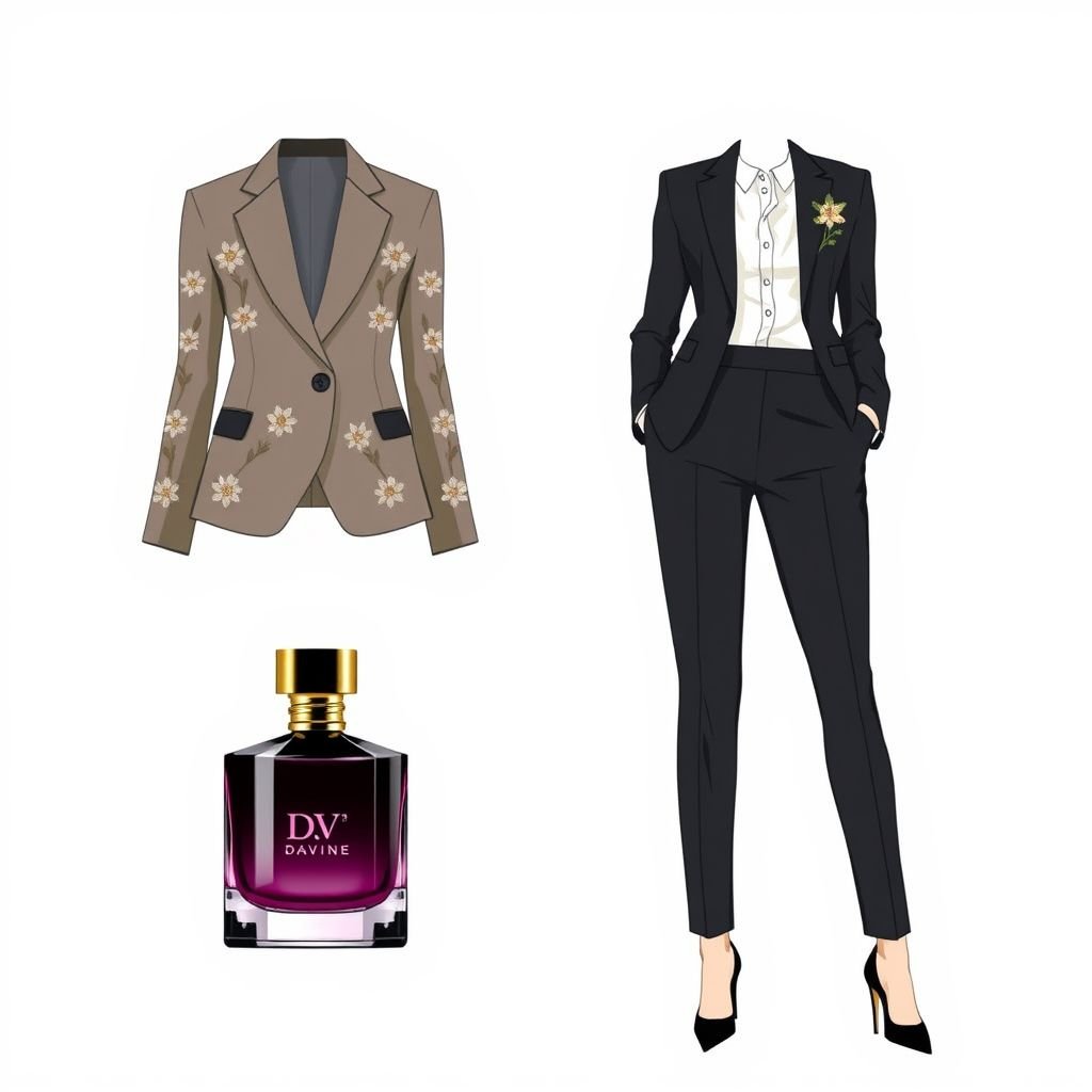 Perfume oil with the name “Da’Vine” on it. With DV on it. Shape the bottle as a flower
Design a chic business attire inspired by the elegance of the "Da’Vine" perfume oil. Create a tailored blazer with subtle floral motifs echoing the bottle's flower shape. Incorporate delicate DV monograms into the fabric, paired with sleek trousers and sophisticated heels—perfectly blending professionalism with a touch of botanical grace.