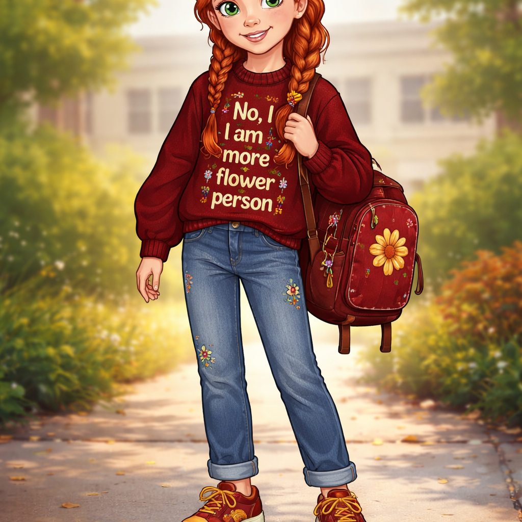 6th grade girls Disney princess Anna school look a dark rad sweater that snow no I am more of a flower person in white letters jeans dark red backpack with a flower on it orange dark red platform sneakers with little flowers orange hair with a flower in it
6th grade girls Disney princess Anna school look a dark rad sweater that snow no I am more of a flower person in white letters jeans dark red backpack with a flower on it orange dark red platform sneakers with little flowers orange hair with a flower in it