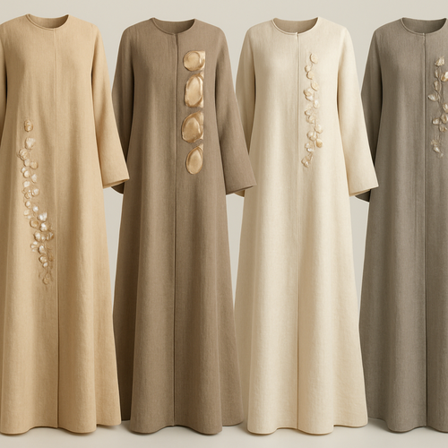 Create a modest two-piece linen abaya, the first of its kind, featuring a unique stone design that exudes a classy and sophisticated vibe. I'd like four designs, each showcasing different styles and fabrics. Incorporate high-end, unique chic stone designs to make them truly special. Add little sophisticated stone designs.
