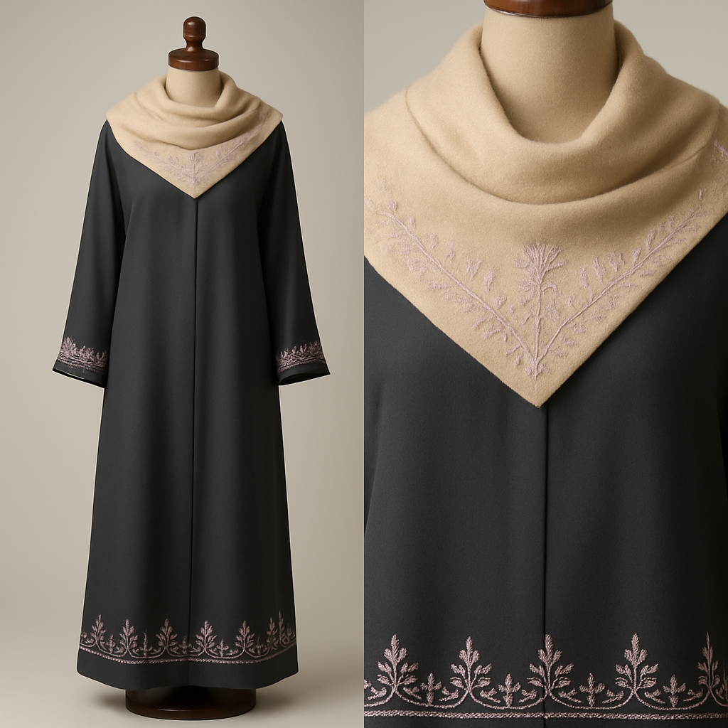 "Khama al-Sahra — women's abaya named 'Desert Lavender'. Straight silhouette with gentle drape, ankle-length to clearly read as an abaya. No belt. Cashmere yoke or soft cashmere scarf embroidered with pale lavender threads. Repeated lavender embroidery in delicate Najdi motif along hem and cuffs (hand-stitched look: satin stitch + French knots). Color palette: dark charcoal gray, pale lavender, sandy beige. Main fabric: luxurious matte silk; yoke/scarf: soft cashmere with a double cashmere hem for added warmth. Presentation: displayed on a luxurious polished dark wooden mannequin (no hanger, no clips). Photorealistic studio fashion photography, soft directional lighting, shallow depth of field for macro detail shots of the yoke and embroidery, extremely high detail, realistic fabric folds and stitching, neutral uncluttered background. Output: full-body vertical shot plus close-up macro crop of yoke and hem. Negative prompts: no text, no logos, no hanger, no unrealistic folds."
(high sampling, high steps).
- Camera: 50mm, f/2.8 for shallow depth of field (for close-ups).
- Guidance/CFG:
-"no hanger, no clips, no logos, no text, avoid overly exaggerated folds, no mannequins with visible joints or stands."
"Khama al-Sahra — women's abaya named 'Desert Lavender'. Straight silhouette with gentle drape, ankle-length to clearly read as an abaya. No belt. Cashmere yoke or soft cashmere scarf embroidered with pale lavender threads. Repeated lavender embroidery in delicate Najdi motif along hem and cuffs (hand-stitched look: satin stitch + French knots). Color palette: dark charcoal gray, pale lavender, sandy beige. Main fabric: luxurious matte silk; yoke/scarf: soft cashmere with a double cashmere hem for added warmth. Presentation: displayed on a luxurious polished dark wooden mannequin (no hanger, no clips). Photorealistic studio fashion photography, soft directional lighting, shallow depth of field for macro detail shots of the yoke and embroidery, extremely high detail, realistic fabric folds and stitching, neutral uncluttered background. Output: full-body vertical shot plus close-up macro crop of yoke and hem. Negative prompts: no text, no logos, no hanger, no unrealistic folds."
(high sampling, high steps).
- Camera: 50mm, f/2.8 for shallow depth of field (for close-ups).
- Guidance/CFG:
-"no hanger, no clips, no logos, no text, avoid overly exaggerated folds, no mannequins with visible joints or stands." , show front and back