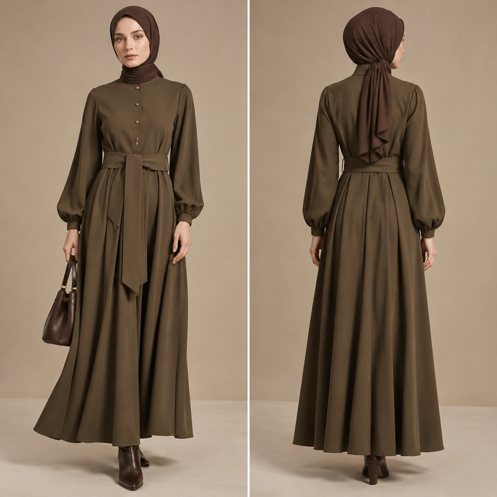 A Female Dress design, with modest, full coverage: longer hemlines, higher necklines and covered shoulders, suitable for Fall. IQ fashion aesthetics. Current season is Autumn in IQ. Present it as professional fashion catalogue photography: the garment is the subject, shown full-length with editorial styling, neutral posing and tasteful, non-suggestive framing.
photorealistic fashion design, A Female Dress design, with modest, full coverage: longer hemlines, higher necklines and covered shoulders, suitable for Fall. IQ fashion aesthetics. Current season is Autumn in IQ. Present it as professional fashion catalogue photography: the garment is the subject, shown full-length with editorial styling, neutral posing and tasteful, non-suggestive framing., just the design no text, show front and back