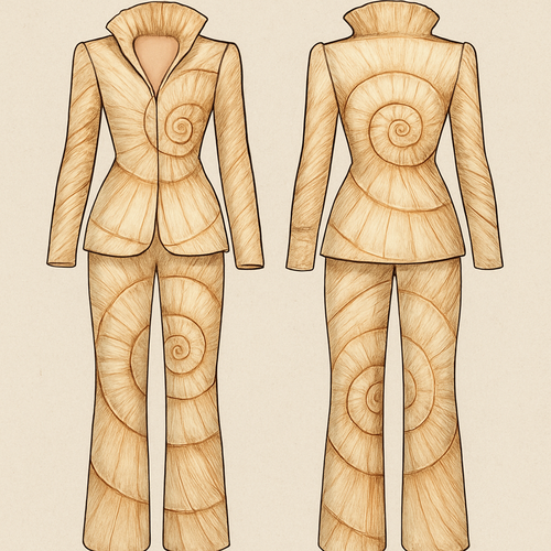 Fashion without fear is my collection and the seashell is my inspiration.
I want a jacket and trousers with the spiral nature of the shell. It should be a mode dress with sleeves and the neckline should be like the opening of the shell