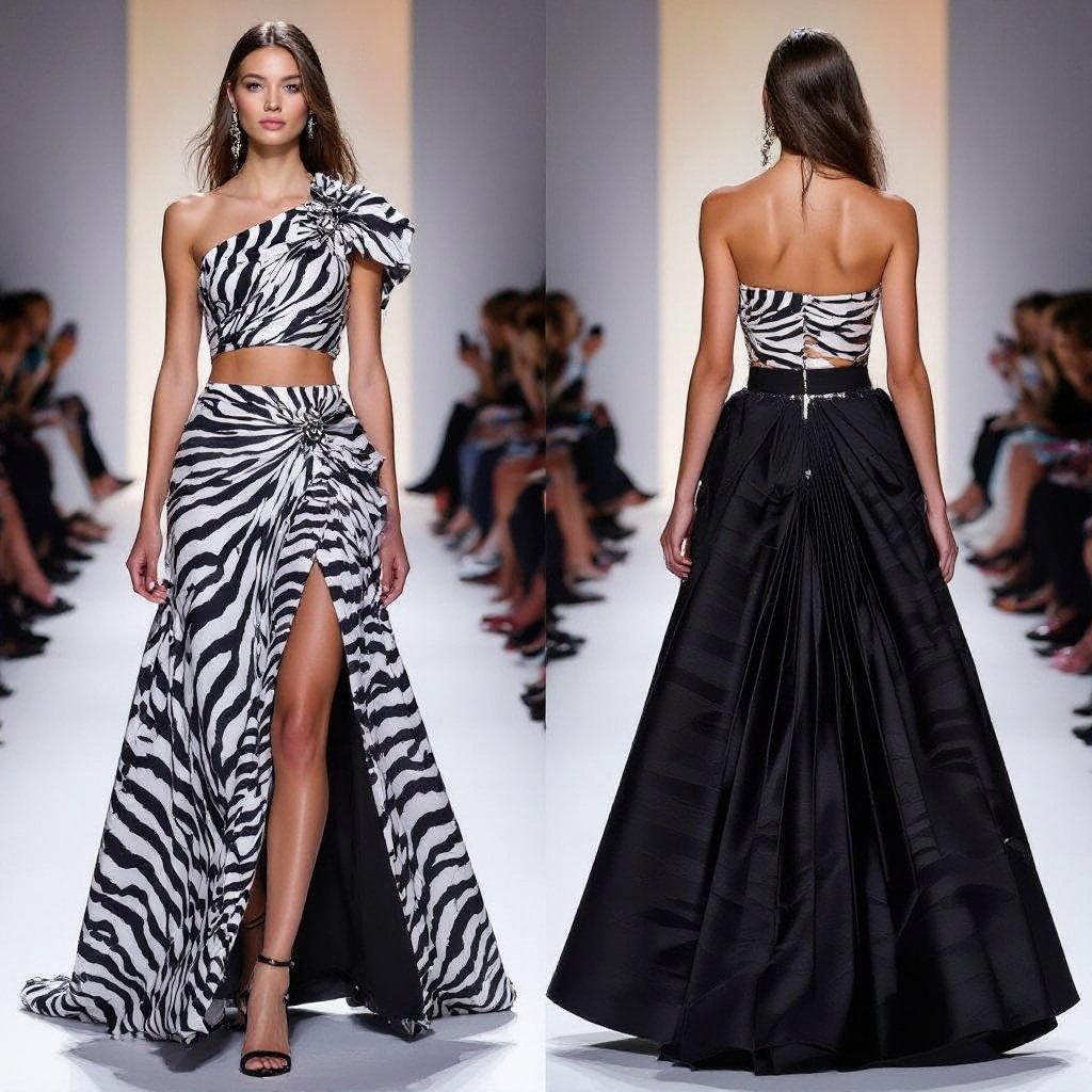 Let’s create a one shoulder crop top that is extremely hot couture. It is also inspired by travel and runways in Paris. It has zebra prints and also a skirt that is scalloped in front and is al. The slit goes fromslant all the way to the from the leftside to the right tie thigh. The back of the dress is has a train and it is a circle dress a full circle dress that is pleated in front so that the scallop side looks very exaggerated.
Haute Couture fashion: Haute Couture one-shoulder crop top with zebra print, inspired by Parisian runways. Paired with a skirt, scalloped front, high-slit from left to right thigh. The back features a full circle, pleated train.