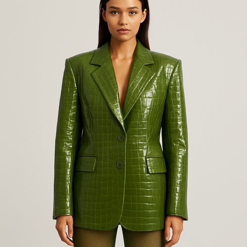 Can you make a leather oversized blazer crocodile print coming to the mid thigh in olive green with shoulder pads
Can you change it to high gloss shine and a lighter shade of olive and show it on a model with bare legs
Can you make the crocodile print more detailed and change the shade to a more shade green and pair it with the same colour mesh trousers