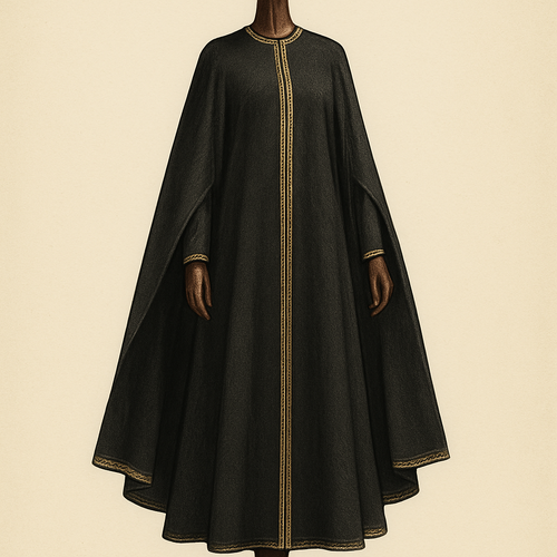 
Prompt (detailed):
"Photorealistic fashion render of a long full‑length black abaya with an attached flowing cape displayed on a luxurious wooden mannequin. Mannequin: full‑body polished dark mahogany wooden mannequin with subtle wood grain and fine lacquer finish, elegant round carved base, neutral upright pose, joints seamlessly integrated (no distracting hardware); mannequin fully visible down to the ankles. Abaya: length approx. 135–145 cm from shoulder to ankle; cape begins at the shoulder and falls 100–120 cm covering back and sides; relaxed slightly A‑line silhouette with soft folds and natural drape. Neck: simple round neckline (optional small stand collar). Sleeves: inner fitted sleeves to the wrist; cape includes arm slits 18–22 cm for mobility. Trim: narrow warm metallic gold jauta (6–12 mm) along front opening, cape hem and sleeve openings with subtle geometric repeat pattern. Fabric: heavy black crepe or wool‑silk blend, matte body with soft satin highlights; satin lining visible subtly at arm slits. Construction: clean finishing, invisible hook at neck. Lighting & presentation: studio soft top‑down key light with gentle rim light to separate silhouette, subtle floor shadow to anchor the mannequin; neutral gradient background (dark-to-mid gray). Shots & framing: full‑length front (portrait 2:3) showing mannequin feet and ankle, full back, 3/4 view, and close‑up of trim and wooden texture. Color refs: black #000000, gold #d4af37. Render style: high‑end fashion catalog, crisp detail, shallow depth of field on closeups."

Short sketch prompt:
"Long black abaya with flowing cape on a polished mahogany wooden mannequin (visible to ankles), gold jauta trim, heavy crepe texture — front/back/3‑4/close‑up, portrait 2:3, fashion sketch style."