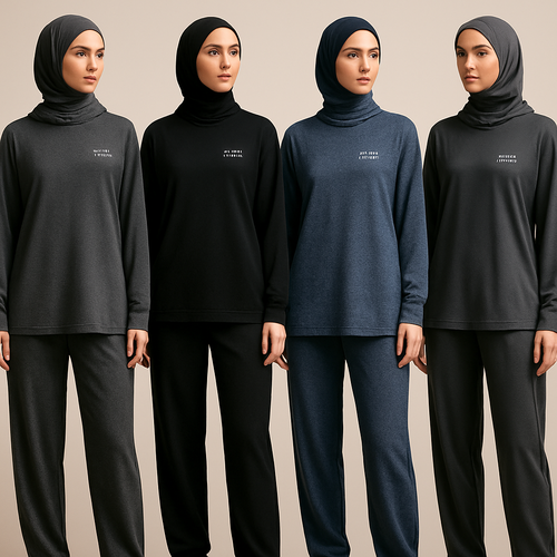 Create a revolutionary women’s modest loose gym wear brand called “Modest Fleur”. Display the brand name on the  in a unique design on the upper right side, in small thick writing that exudes a classy and sophisticated vibe. I’d like four designs, each showcasing different styles and fabrics, with high-end, chic designs to make them truly special.