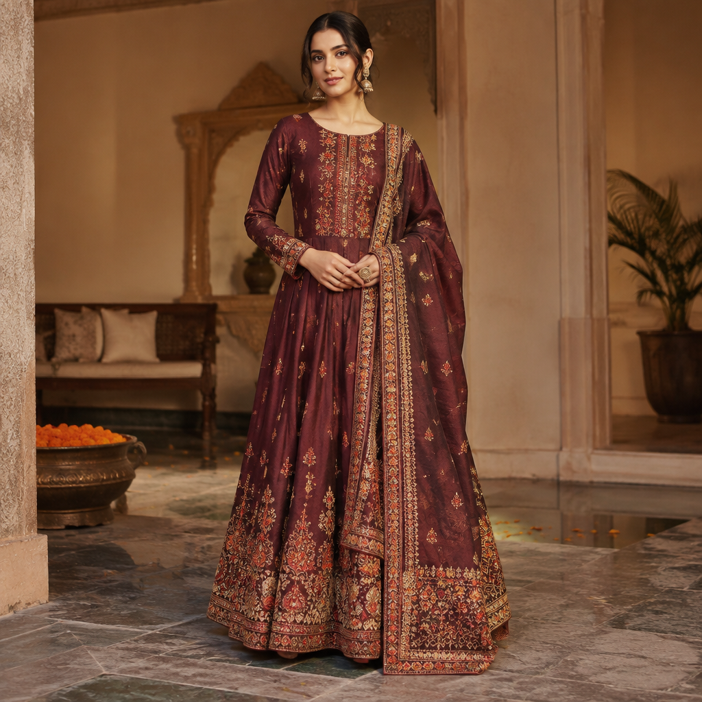 A Female Dress design, suitable for Fall. Consider Indian fashion aesthetics — consider saree, lehenga, salwar kameez, kurti, anarkali; local fabrics like chanderi, banarasi, chikankari, block prints; vibrant colors and rich embroidery. Current season is Autumn in India. Present it as professional fashion catalogue photography: the garment is the subject, shown full-length with editorial styling, neutral posing and tasteful, non-suggestive framing.
photorealistic fashion design, A Female Dress design, suitable for Fall. Consider Indian fashion aesthetics — consider saree, lehenga, salwar kameez, kurti, anarkali; local fabrics like chanderi, banarasi, chikankari, block prints; vibrant colors and rich embroidery. Current season is Autumn in India. Present it as professional fashion catalogue photography: the garment is the subject, shown full-length with editorial styling, neutral posing and tasteful, non-suggestive framing., just the design no text