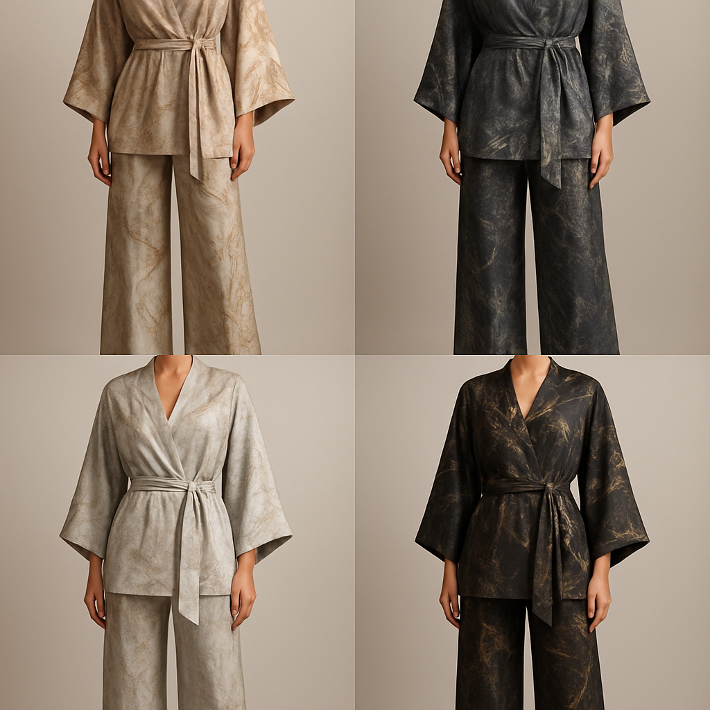 Create a modest two piece loose pant and kimono , first of its kind, featuring a unique stone design that exudes a classy and sophisticated vibe. I'd like four designs, each showcasing different styles and fabrics. Incorporate high-end, unique chic stone designs to make them truly special. Add little sophisticated stone designs. Make it irresistible!
Create a modest two piece loose pant and kimono , first of its kind, featuring a unique stone design that exudes a classy and sophisticated vibe. I'd like four designs, each showcasing different styles and fabrics. Incorporate high-end, unique chic stone designs to make them truly special. Add little sophisticated stone designs. Make it irresistible!