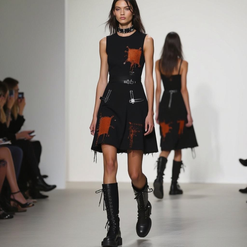 A dress with rust
Punk fashion: A black cotton dress with rust stains and safety pin details.