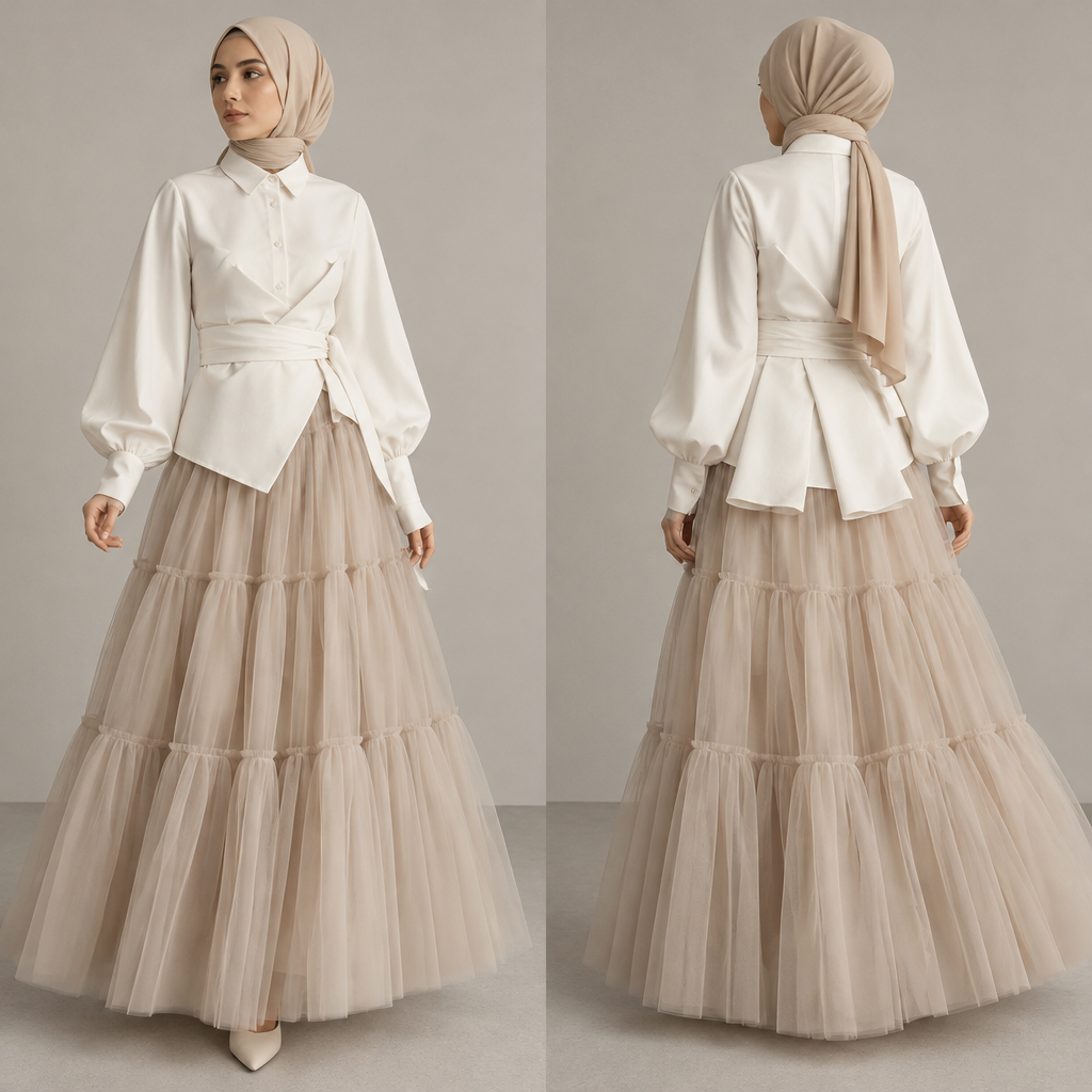 تصميم تنوره ترتو مع قميص مبتكر للمحجبات
photorealistic fashion design, تصميم تنوره ترتو مع قميص مبتكر للمحجبات, minimalist style, just the design no text, show front and back