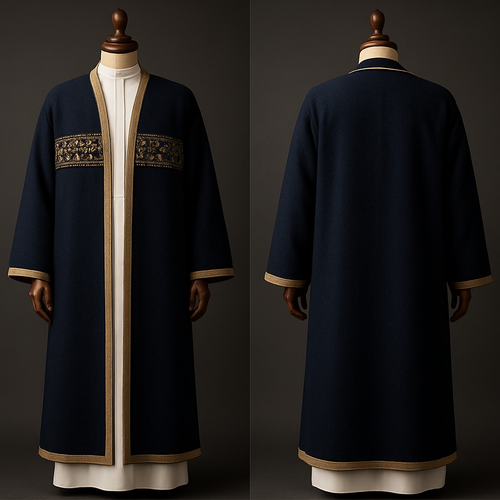 Each describes a winter sedri worn over a traditional white Saudi thawb, displayed on a luxurious wooden mannequin.

Minimal Fusion — full-length  
"Luxury winter sedri worn over a traditional white Saudi thawb, displayed on a luxurious wooden mannequin, deep navy cashmere-wool blend, sandy edge trim, embroidered chest band with Najdi geometric motifs fused with subtle Pakistani floral patterns in light gold, soft studio lighting, dark neutral background, 3/4 full-length composition, hyper-realistic, visible fabric texture --ar 2:3 --v 5 --q 2"