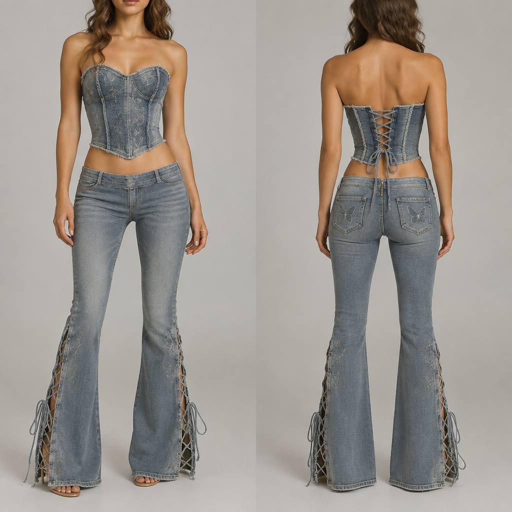 Low rise jeans no buttons in the front with a zip in the back and laces in the flare leg part with a matching corset top
photorealistic fashion design, Low rise jeans no buttons in the front with a zip in the back and laces in the flare leg part with a matching corset top, y2k style, just the design no text, show front and back