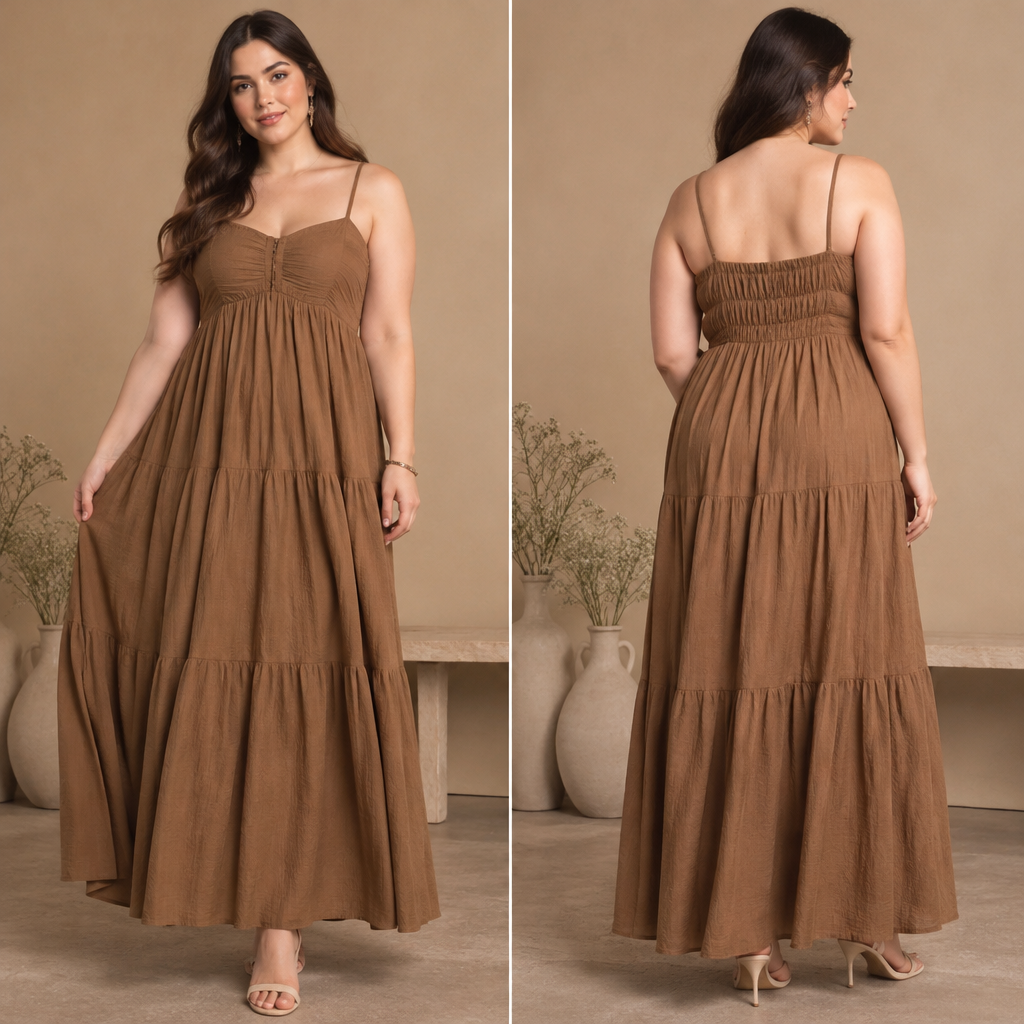 A Female Dress design, made of Cotton, with a light, flowing drape, with a Flared silhouette, with a minimal-coverage cut, in an Earth Tones color palette, for Party, suitable for Fall, suited to a Humid climate, in Minimalist style, shown on a model with fair skin and a curvy figure. make it cute. Pakistan fashion aesthetics. Present it as professional fashion catalogue photography: the garment is the subject, shown full-length with editorial styling, neutral posing and tasteful, non-suggestive framing.
photorealistic fashion design, A Female Dress design, made of Cotton, with a light, flowing drape, with a Flared silhouette, with a minimal-coverage cut, in an Earth Tones color palette, for Party, suitable for Fall, suited to a Humid climate, in Minimalist style, shown on a model with fair skin and a curvy figure. make it cute. Pakistan fashion aesthetics. Present it as professional fashion catalogue photography: the garment is the subject, shown full-length with editorial styling, neutral posing and tasteful, non-suggestive framing., minimalist style, just the design no text, show front and back