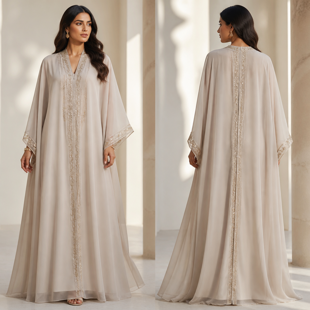 A Female Dress design, suitable for Summer. Consider Saudi/Gulf fashion — abaya, modest luxury, opulent fabrics, contemporary modest fashion, designer abayas and kaftans. Current season is Summer in Saudi Arabia.
photorealistic fashion design, A Female Dress design, suitable for Summer. Consider Saudi/Gulf fashion — abaya, modest luxury, opulent fabrics, contemporary modest fashion, designer abayas and kaftans. Current season is Summer in Saudi Arabia., just the design no text, show front and back