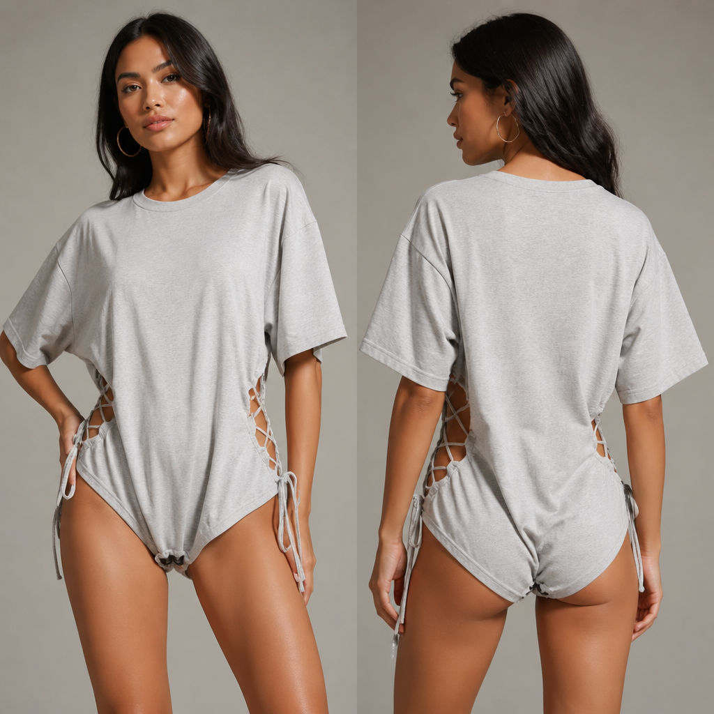 I want to make a romper with the flow of an oversized tee. But I want clamps to close it at the bottom and a open criss cross stitch on the sides, giving it that snatched look
photorealistic fashion design, I want to make a romper with the flow of an oversized tee. But I want clamps to close it at the bottom and a open criss cross stitch on the sides, giving it that snatched look, just the design no text, show front and back