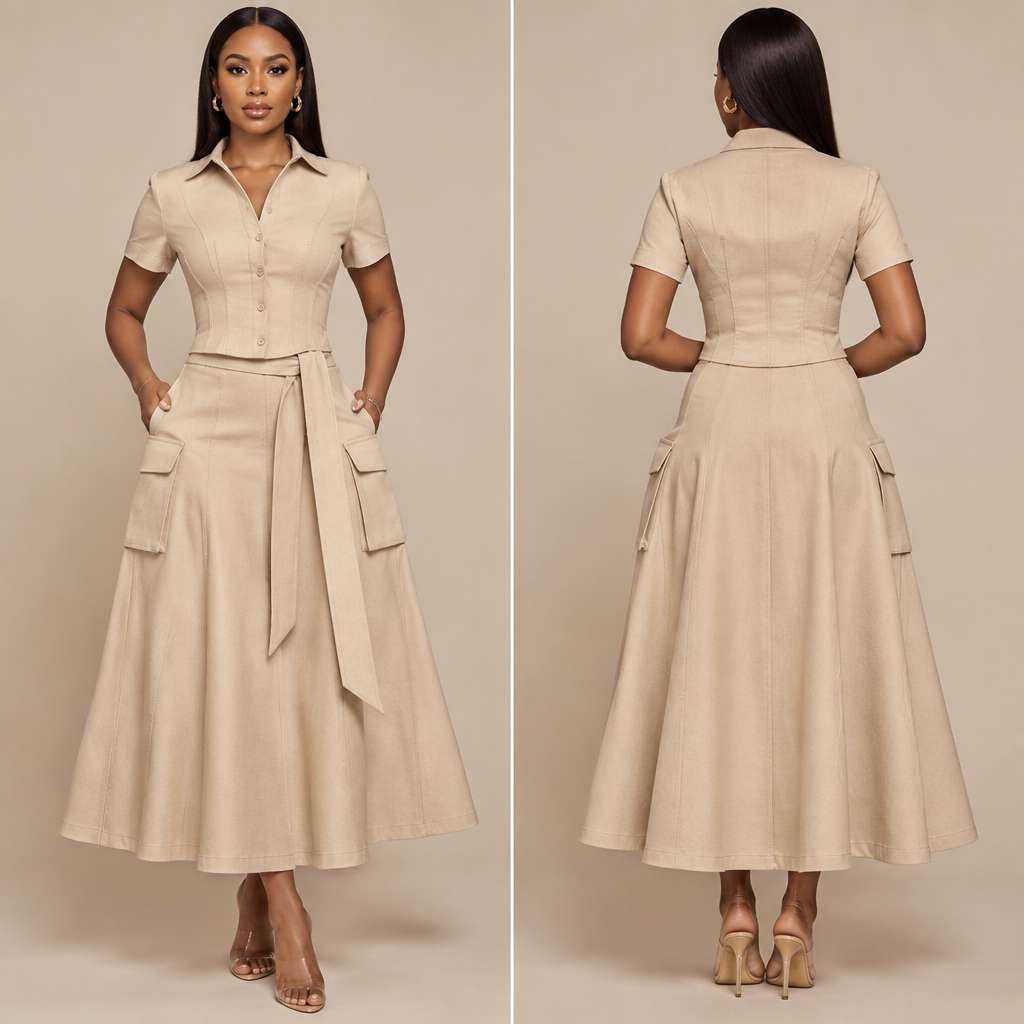 Women’s two-piece ready-to-wear set. Top is a structured corset-inspired button-down shirt with a classic shirt collar, fitted bust and waist, defined princess seams, short sleeves and slightly cropped length. The top should look like a sophisticated shirt but have the shaping of a corset. Bottom is a high-waisted flared midi skirt, fitted through the waist and upper hip before gradually flaring out. Add large functional patch pockets on both sides and a long statement tie detail at the waist. Feminine, sexy, sophisticated, contemporary Nigerian ready-to-wear fashion, premium fabric, clean construction, realistic garment design, front view and back view.
photorealistic fashion design, Women’s two-piece ready-to-wear set. Top is a structured corset-inspired button-down shirt with a classic shirt collar, fitted bust and waist, defined princess seams, short sleeves and slightly cropped length. The top should look like a sophisticated shirt but have the shaping of a corset. Bottom is a high-waisted flared midi skirt, fitted through the waist and upper hip before gradually flaring out. Add large functional patch pockets on both sides and a long statement tie detail at the waist. Feminine, sexy, sophisticated, contemporary Nigerian ready-to-wear fashion, premium fabric, clean construction, realistic garment design, front view and back view., just the design no text, show front and back