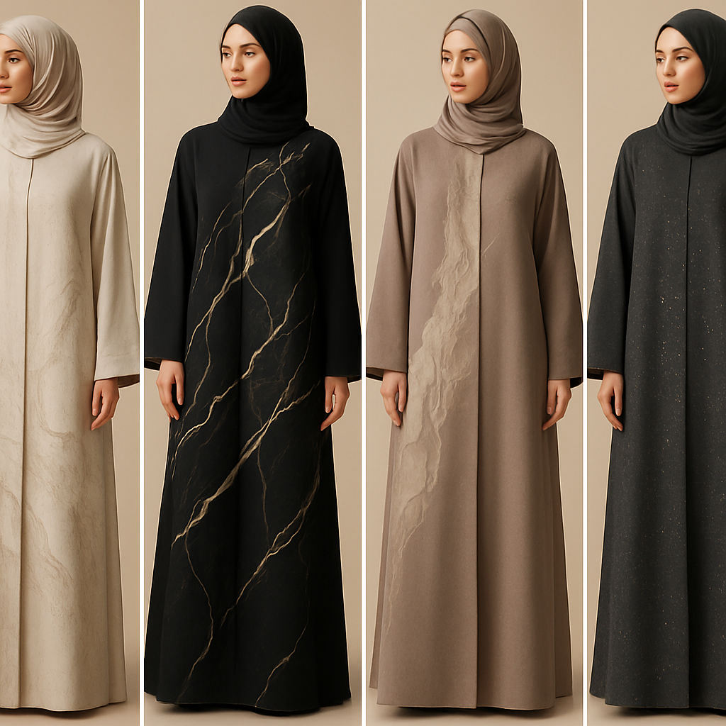 Create a modest abaya, the first of its kind, featuring a unique stone design that exudes a classy and sophisticated vibe. I'd like four designs, each showcasing different styles and fabrics. Incorporate high-end, unique chic stone designs to make them truly special. Add little sophisticated stone designs.

Create a modest abaya, the first of its kind, featuring a unique stone design that exudes a classy and sophisticated vibe. I'd like four designs, each showcasing different styles and fabrics. Incorporate high-end, unique chic stone designs to make them truly special. Add little sophisticated stone designs.