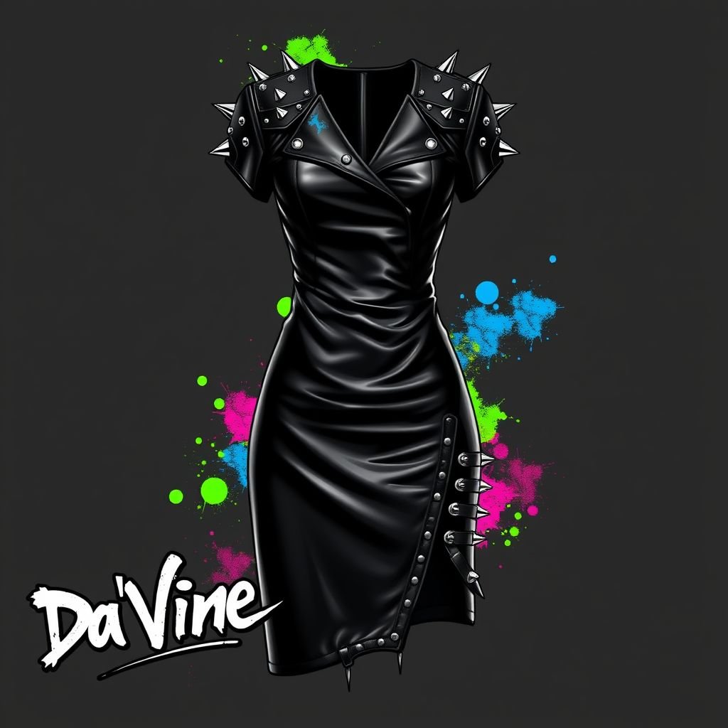 Create me a unique leather dress, something that cruella would make. Add some color to it. Put “Da’Vine” in the bottom left corner
Design an edgy leather dress embodying punk aesthetics: studded shoulders, asymmetric hems, and dramatic spikes. Incorporate vibrant splashes of electric blue and neon green against the deep black leather for a bold contrast. Infuse graffiti-style elements with “Da’Vine” artistically displayed in the bottom left corner, exuding rebellious individuality and flair.