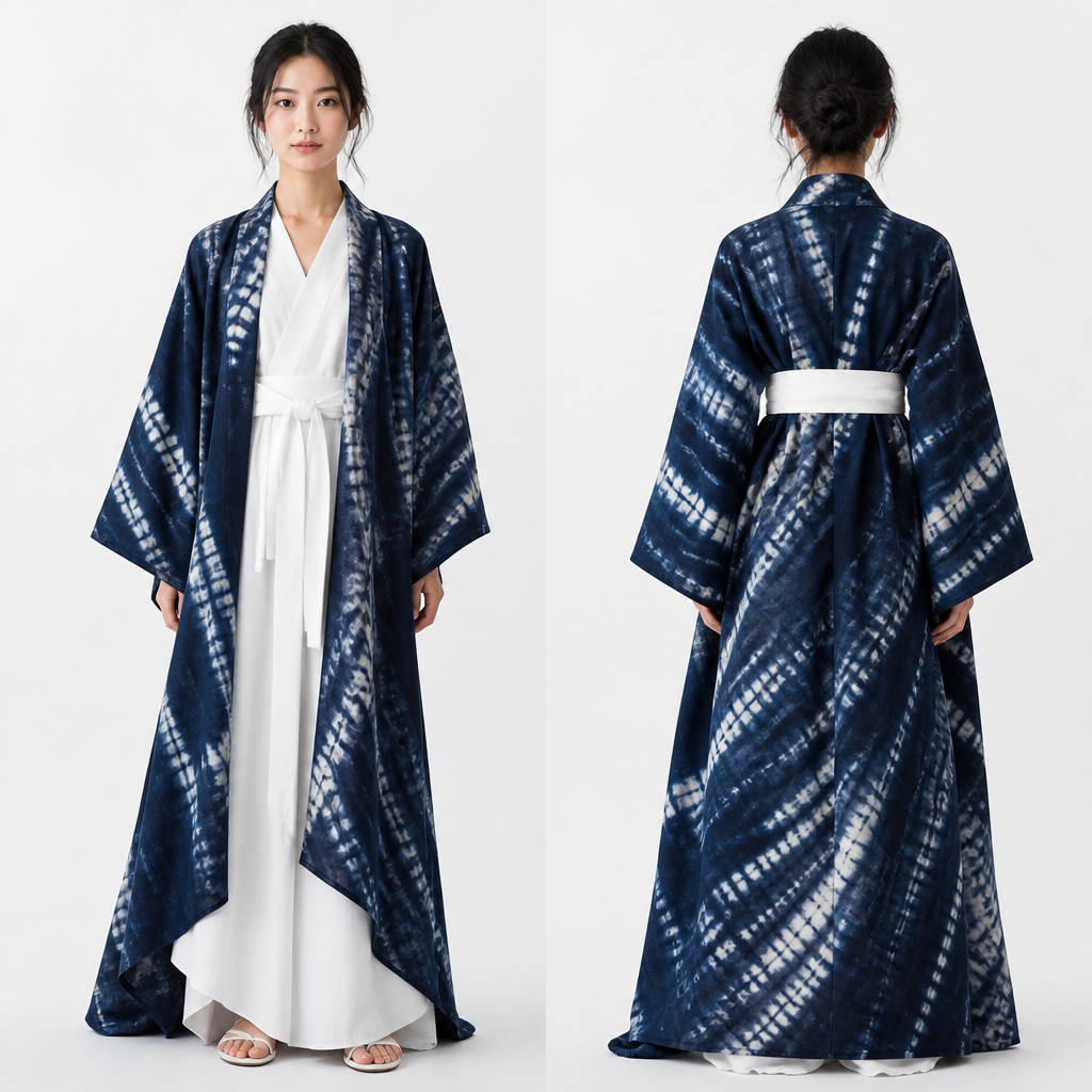 A Female Dress design, made of Cotton, for Wedding, suitable for Summer, in Japanese Street + Cultural style. Traditional Japanese Shibori Kimono and white cotton undergarment. Indigo Blue hand dyed with Arashi shibori technique on the thick cotton fabric.. Canada fashion aesthetics.
photorealistic fashion design, A Female Dress design, made of Cotton, for Wedding, suitable for Summer, in Japanese Street + Cultural style. Traditional Japanese Shibori Kimono and white cotton undergarment. Indigo Blue hand dyed with Arashi shibori technique on the thick cotton fabric.. Canada fashion aesthetics., japanese_street style, just the design no text, show front and back