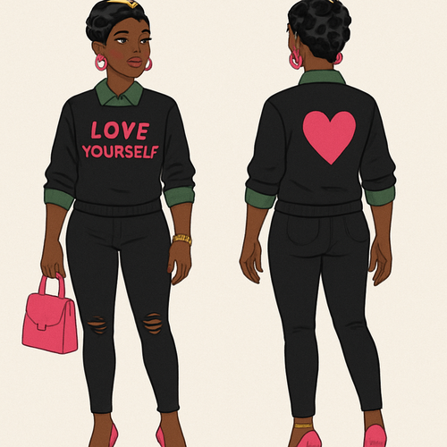 Black woman
Finger waves 
Gold crown 

Green collared shirt black sweater shirt
Love yourself in pink on shirt 
On the back a heart 
sleeves rolled up
pink heels 
Pink pursue 
Pink earrings 
Gold bracelet and gold rings
Green anklet
Tight black pants with rips
