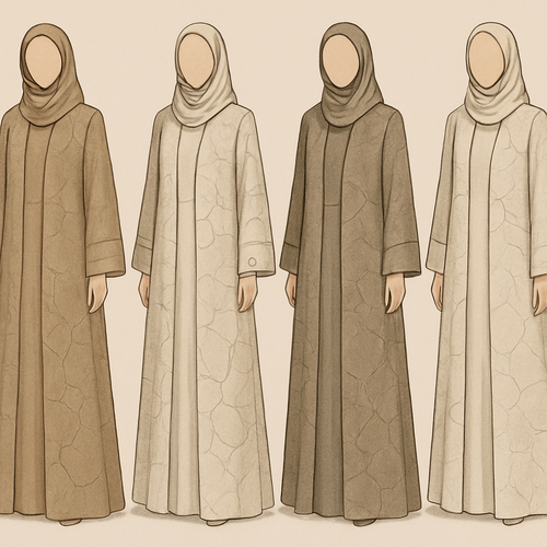 Create a modest two-piece linen abaya, the first of its kind, featuring a unique stone design that exudes a classy and sophisticated vibe. I'd like four designs, each showcasing different styles and fabrics. Incorporate high-end, unique chic stone designs to make them truly special. Add little sophisticated stone designs.