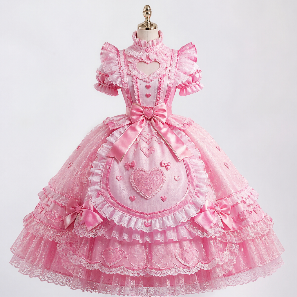 A Female Dress design, in Barbiecore + Lolita + Princesscore style. a cute elegant kawaii Lolita barbie princess dress with lots of hearts on it.. Design with modest coverage.
photorealistic fashion design, A Female Dress design, in Barbiecore + Lolita + Princesscore style. a cute elegant kawaii Lolita barbie princess dress with lots of hearts on it.. Design with modest coverage., barbiecore style, just the design no text