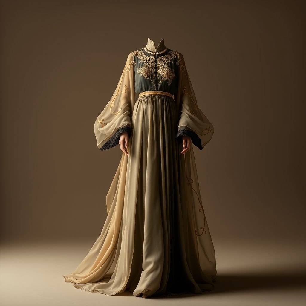 The abaya, a vision in flowing silk, is adorned with delicate, golden thread embroidery that cascades down the sleeves and hem, creating an aura of timeless elegance.
Envision an opulent evening abaya, crafted from ethereal silk chiffon that ripples with movement. The intricate golden thread embroidery depicts intertwining vines and flowers, adding a touch of nature's elegance. A high neckline contrasts with billowing, sheer sleeves, while a floor-length silhouette gracefully sweeps the ground, merging tradition with modern sophistication.