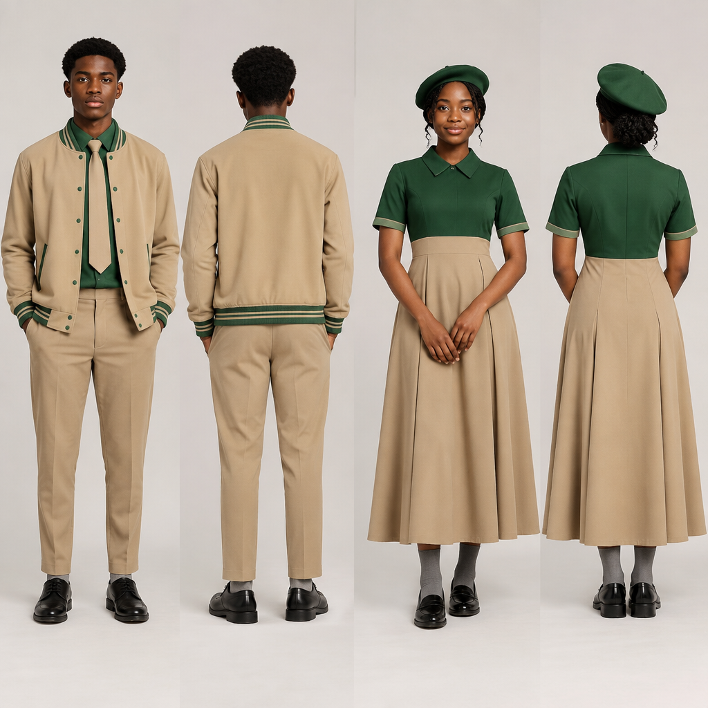 Design a light brown baseball jacket with green accents.Light brown arms .No writings on the jacket . Use black teenagers as models.show back and front face.
A fit and flare dress top half green, reaching waist and bottom half light brown,covering chest area,almost reaching ankles,green barrett and grey socks for the female.
A light brown relaxed trouser reaching ankles,green shirt,light brown tie and grey socks for the male.
Nice black school shoes for both.. Design with modest coverage. Present it as professional fashion catalogue photography: the garment is the subject, shown full-length with editorial styling, neutral posing and tasteful, non-suggestive framing.
photorealistic fashion design, Design a light brown baseball jacket with green accents.Light brown arms .No writings on the jacket . Use black teenagers as models.show back and front face.
A fit and flare dress top half green, reaching waist and bottom half light brown,covering chest area,almost reaching ankles,green barrett and grey socks for the female.
A light brown relaxed trouser reaching ankles,green shirt,light brown tie and grey socks for the male.
Nice black school shoes for both.. Design with modest coverage. Present it as professional fashion catalogue photography: the garment is the subject, shown full-length with editorial styling, neutral posing and tasteful, non-suggestive framing., just the design no text, show front and back