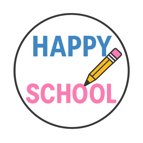 شعار مدرسه دائري
مقسوم بالعرض نصين
نص ازرق و نص وردي
وفي قلم رصاص صاير مائل  بين القسمين
ومكتوب عليه happy school 