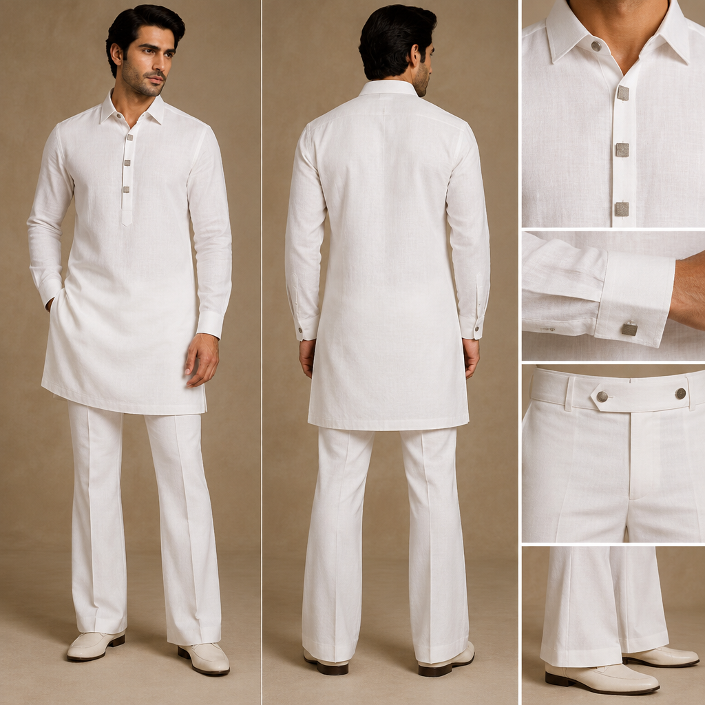 Custom Men's White Indo-Western Set Design Instructions
Overall Style & Aesthetic:
A stylish, clean, and premium men's white linen/cotton Indo-Western set featuring a short/knee-length custom kurta with a mandarin collar or button-down collar and modern button details, paired with matching white bootcut trousers.
1. Bottom Wear: Bootcut Trousers
Fabric: Pure White Linen / Cotton Suit Fabric.
Waistband Design:
Clean waist with NO belt loops.
Concealed metal hook/clip closure inside.
Extended tab closure on the front waistband with 2 large decorative show buttons spaced apart.
Cut & Fit:
Slim-fitted through the waist, thighs, and down to the knees.
Bootcut flare starting from below the knee (Bottom hem opening / Mohri: 17 to 19 inches).
Flat-front design with no pleats for a modern, sleek silhouette.
2. Top Wear: Custom Indo-Western Kurta
Fabric: Pure White Linen / Cotton Fabric (crisp finish).
Length: Knee-length / Mid-thigh length.
Collar: Button-down shirt collar / Mandarin collar style.
Sleeves: Shirt-style full sleeves with buttoned cuffs.
Pockets: Clean front with NO chest pockets for a sleek look.
Placket & Closure:
Square-shaped modern buttons.
Button closure using fabric/thread loops (Potli thread loops) instead of traditional buttonholes (Kaj).
Master Tailor Notes & Fitting Tips:
Pre-shrinking: Pre-wash and dry the fabric before cutting to avoid shrinkage post-stitching.
Waist Precision: Take exact waist measurements, as there are no belt loops or side adjusters.
Silhouette: Ensure a sharp fall on the bootcut flare (17–19 inch leg opening) and a crisp structure on the collar.. India fashion aesthetics. Present it as professional fashion catalogue photography: the garment is the subject, shown full-length with editorial styling, neutral posing and tasteful, non-suggestive framing.
photorealistic fashion design, Custom Men's White Indo-Western Set Design Instructions
Overall Style & Aesthetic:
A stylish, clean, and premium men's white linen/cotton Indo-Western set featuring a short/knee-length custom kurta with a mandarin collar or button-down collar and modern button details, paired with matching white bootcut trousers.
1. Bottom Wear: Bootcut Trousers
Fabric: Pure White Linen / Cotton Suit Fabric.
Waistband Design:
Clean waist with NO belt loops.
Concealed metal hook/clip closure inside.
Extended tab closure on the front waistband with 2 large decorative show buttons spaced apart.
Cut & Fit:
Slim-fitted through the waist, thighs, and down to the knees.
Bootcut flare starting from below the knee (Bottom hem opening / Mohri: 17 to 19 inches).
Flat-front design with no pleats for a modern, sleek silhouette.
2. Top Wear: Custom Indo-Western Kurta
Fabric: Pure White Linen / Cotton Fabric (crisp finish).
Length: Knee-length / Mid-thigh length.
Collar: Button-down shirt collar / Mandarin collar style.
Sleeves: Shirt-style full sleeves with buttoned cuffs.
Pockets: Clean front with NO chest pockets for a sleek look.
Placket & Closure:
Square-shaped modern buttons.
Button closure using fabric/thread loops (Potli thread loops) instead of traditional buttonholes (Kaj).
Master Tailor Notes & Fitting Tips:
Pre-shrinking: Pre-wash and dry the fabric before cutting to avoid shrinkage post-stitching.
Waist Precision: Take exact waist measurements, as there are no belt loops or side adjusters.
Silhouette: Ensure a sharp fall on the bootcut flare (17–19 inch leg opening) and a crisp structure on the collar.. India fashion aesthetics. Present it as professional fashion catalogue photography: the garment is the subject, shown full-length with editorial styling, neutral posing and tasteful, non-suggestive framing., just the design no text