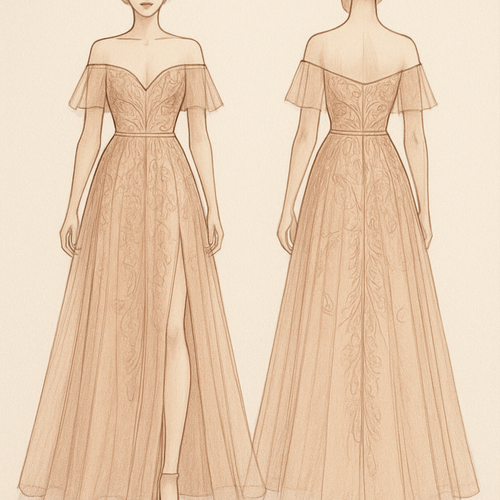 I want line embroidered dress, loose one sheer layer, color blushed Champaign & make it off shoulder with tiny waist. add open leg. & make the chest V medium length cut. 