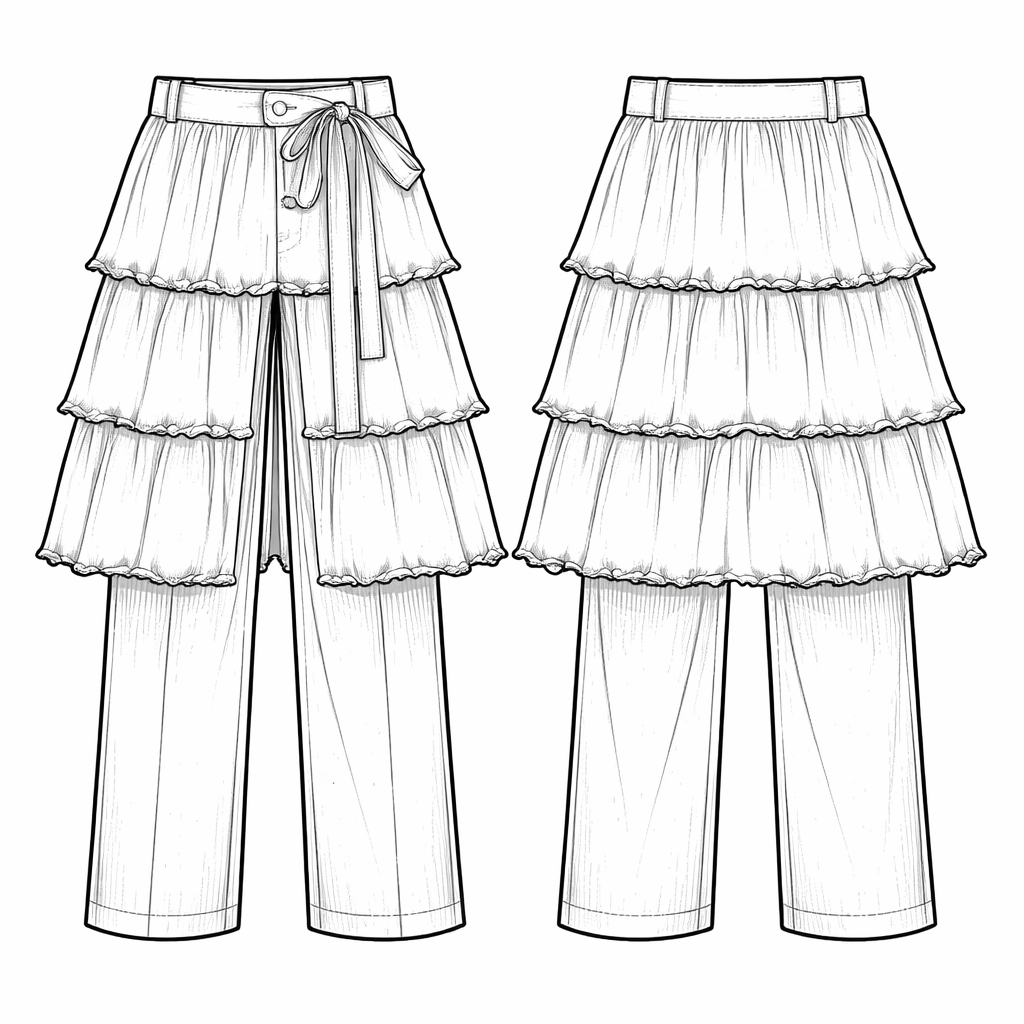 Below is a **clean technical flat description** of the garment shown, written in **CAD / spec-sheet language** and aligned with flat-drawing conventions.
---
## GARMENT DESCRIPTION — TECH FLAT (FRONT VIEW PRIMARY)
**Garment Type**
Layered overskirt trousers / skirt-pant hybrid
**Silhouette**
Straight-leg pant with a tiered overskirt attached at the waistband, creating a skirt illusion over trousers.
---
## WAISTBAND
* Straight waistband, medium height (approx. 4–5 cm)
* Rectangular construction with minimal shaping
* Front closure: button fastening with self-fabric tie belt emerging from front right side
* Tie belt hangs vertically at front
* Belt loops integrated into waistband
* Waist seam clean, no visible decorative stitching
---
## OVERSKIRT / OUTER LAYERS
* **Three horizontal skirt tiers** attached to waistband
* Each tier constructed as a straight panel with slight ease
* Tier lengths graduate evenly from top to bottom
* Raw or softly frayed hem edges on each tier
* Light gathering at upper seam of each tier
* Center-front opening aligned with pant center seam
* Overskirt panels do not extend past pant hem
---
## TROUSER BASE (INNER GARMENT)
* Straight-leg trousers visible beneath overskirt
* Legs cut as wide rectangles with minimal taper
* Center-front seam visible from waist to hem
* Full-length inseam
* Hem finished straight with narrow turn-up
---
## FABRIC & TEXTURE (AS SHOWN)
* Lightweight woven fabric (linen or cotton-linen blend suggested)
* Texture indicated through diagonal hatching
* Fabric appears soft with natural drape
* Frayed edges suggest unfinished or artisan construction
---
## CONSTRUCTION DETAILS
* Overskirt tiers attached directly into waistband seam
* Pants and overskirt share waistband
* No visible pockets
* No back view shown, assumed clean with continuation of tiers
---
## TECH FLAT LINE CONVENTIONS
* Solid lines: garment edges and seams
* Light hatching: fabric texture and shadow
* No perspective or body indicated
* Symmetrical left/right balance
---
If you want, I can next:
* Convert this into a **labeled front + back CAD flat**
* Rewrite it as a **factory tech pack spec**
* Adapt it into your earlier **Edwardian split-skirt riding pant language**
* Strip it down into **pattern-piece descriptions**
Just tell me which direction you want.
Below is a **clean technical flat description** of the garment shown, written in **CAD / spec-sheet language** and aligned with flat-drawing conventions.
---
## GARMENT DESCRIPTION — TECH FLAT (FRONT VIEW PRIMARY)
**Garment Type**
Layered overskirt trousers / skirt-pant hybrid
**Silhouette**
Straight-leg pant with a tiered overskirt attached at the waistband, creating a skirt illusion over trousers.
---
## WAISTBAND
* Straight waistband, medium height (approx. 4–5 cm)
* Rectangular construction with minimal shaping
* Front closure: button fastening with self-fabric tie belt emerging from front right side
* Tie belt hangs vertically at front
* Belt loops integrated into waistband
* Waist seam clean, no visible decorative stitching
---
## OVERSKIRT / OUTER LAYERS
* **Three horizontal skirt tiers** attached to waistband
* Each tier constructed as a straight panel with slight ease
* Tier lengths graduate evenly from top to bottom
* Raw or softly frayed hem edges on each tier
* Light gathering at upper seam of each tier
* Center-front opening aligned with pant center seam
* Overskirt panels do not extend past pant hem
---
## TROUSER BASE (INNER GARMENT)
* Straight-leg trousers visible beneath overskirt
* Legs cut as wide rectangles with minimal taper
* Center-front seam visible from waist to hem
* Full-length inseam
* Hem finished straight with narrow turn-up
---
## FABRIC & TEXTURE (AS SHOWN)
* Lightweight woven fabric (linen or cotton-linen blend suggested)
* Texture indicated through diagonal hatching
* Fabric appears soft with natural drape
* Frayed edges suggest unfinished or artisan construction
---
## CONSTRUCTION DETAILS
* Overskirt tiers attached directly into waistband seam
* Pants and overskirt share waistband
* No visible pockets
* No back view shown, assumed clean with continuation of tiers
---
## TECH FLAT LINE CONVENTIONS
* Solid lines: garment edges and seams
* Light hatching: fabric texture and shadow
* No perspective or body indicated
* Symmetrical left/right balance
---
If you want, I can next:
* Convert this into a **labeled front + back CAD flat**
* Rewrite it as a **factory tech pack spec**
* Adapt it into your earlier **Edwardian split-skirt riding pant language**
* Strip it down into **pattern-piece descriptions**
Just tell me which direction you want.
, folk style, show front and back