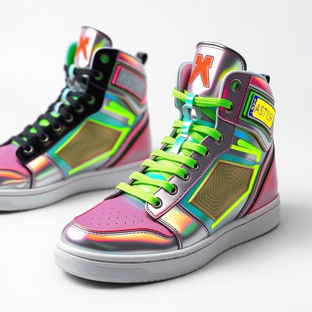 High tops for men
Design a collection of men's high tops featuring a fusion of retro and futuristic aesthetics. Incorporate holographic materials, neon accents, and intricate geometric patterns. Each pair should include unique lacing systems and bold color contrasts. The design embraces urban streetwear vibes, perfect for making a striking statement on city streets.