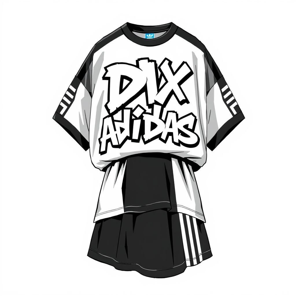A black and white two toned cotton shirt and skirt, that says “DV X Adidas” on it, with 3stripes
Design an edgy streetwear ensemble featuring a black and white color-blocked oversized cotton shirt and a matching A-line skirt. Prominently display "DV X Adidas" in bold graffiti-style typography. Incorporate Adidas' iconic three stripes down both sleeves and the skirt hem, blending urban aesthetics with contemporary flair for a standout look.
