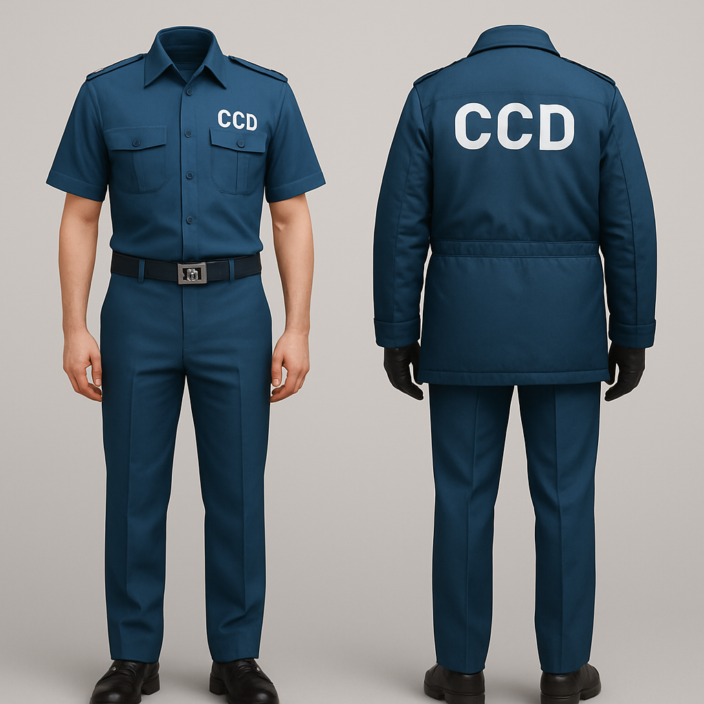 Uniform of a newly created wing of police that deals with serious and organised crime and investigations. Instead of police it should have the words CCD. The summer one consists of trousers and shirt whereas the in winter coat. The colour scheme is bluish. The boots are leather and black. The belt should not be too thin and its buckle can be steel plate with CCD written on it.
Uniform of a newly created wing of police that deals with serious and organised crime and investigations. Instead of police it should have the words CCD. The summer one consists of trousers and shirt whereas the in winter coat. The colour scheme is bluish. The boots are leather and black. The belt should not be too thin and its buckle can be steel plate with CCD written on it. , classic style, show front and back