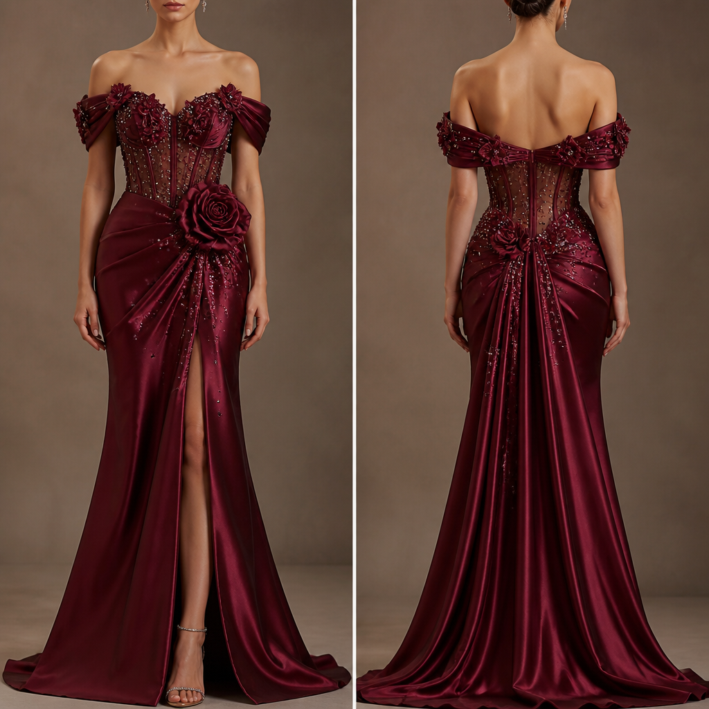 In burgundy color with stones and flower satin off shoulder classy
photorealistic fashion design, In burgundy color with stones and flower satin off shoulder classy , rave style, just the design no text, show front and back