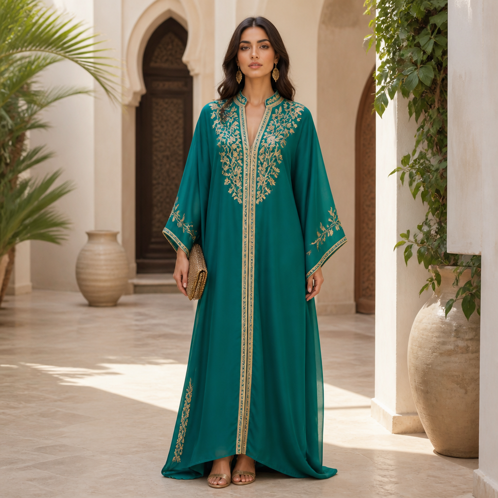A Female Dress design, with modest, full coverage: longer hemlines, higher necklines and covered shoulders, suitable for Summer. Consider Moroccan fashion — caftan, djellaba, intricate embroidery, jewel-toned fabrics. Current season is Summer in Morocco. Present it as professional fashion catalogue photography: the garment is the subject, shown full-length with editorial styling, neutral posing and tasteful, non-suggestive framing.
photorealistic fashion design, A Female Dress design, with modest, full coverage: longer hemlines, higher necklines and covered shoulders, suitable for Summer. Consider Moroccan fashion — caftan, djellaba, intricate embroidery, jewel-toned fabrics. Current season is Summer in Morocco. Present it as professional fashion catalogue photography: the garment is the subject, shown full-length with editorial styling, neutral posing and tasteful, non-suggestive framing., just the design no text